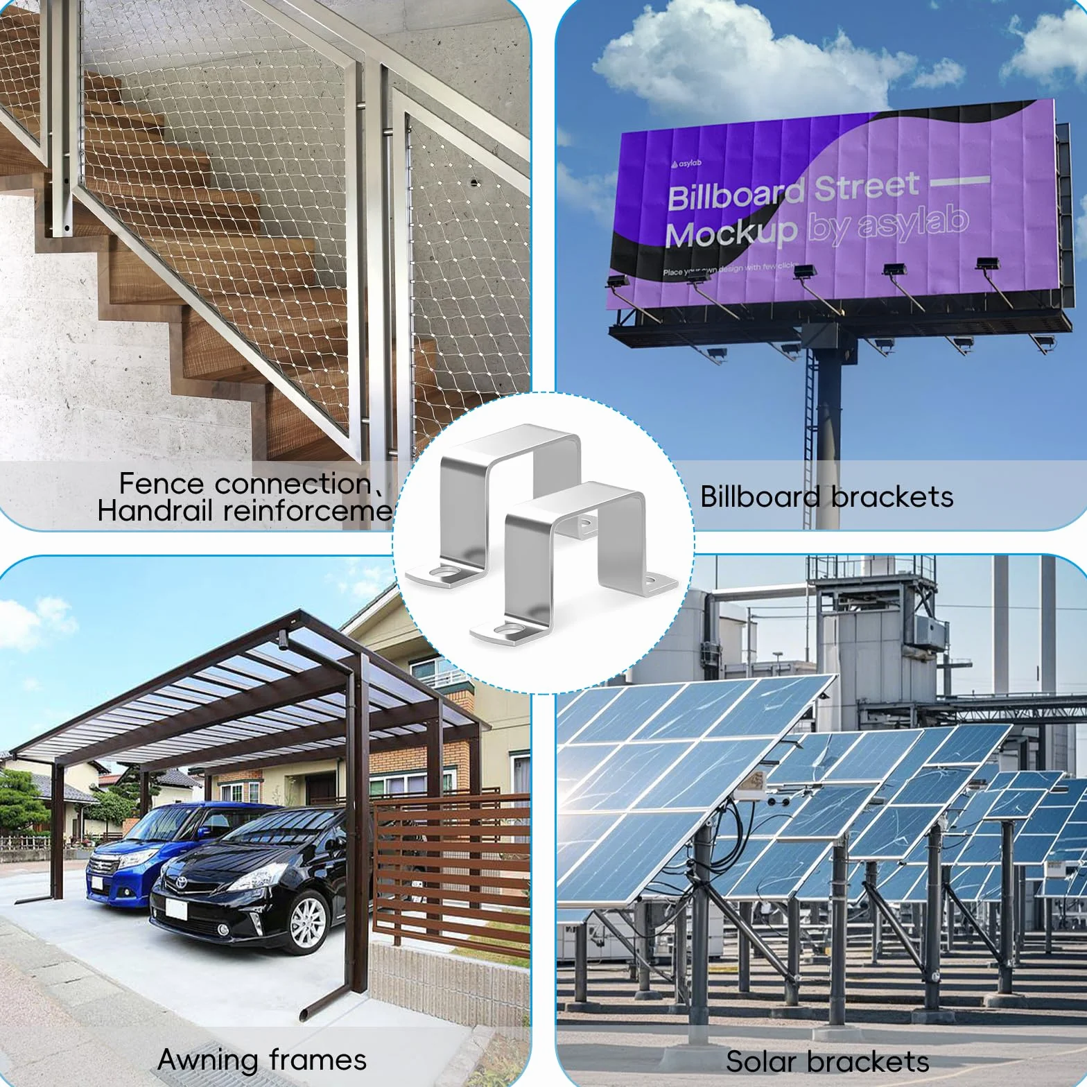 Abrazaderas de Tubo Cuadradas 20x20mm Acero Inoxidable 304 en Forma de U para Puertas Ventanas Tuberías