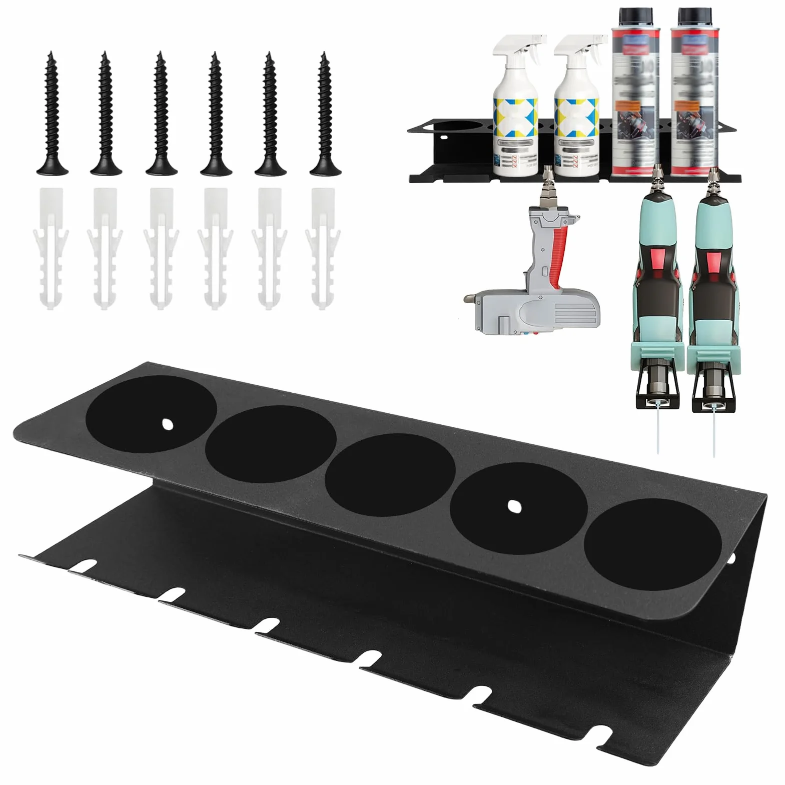 Estante de pared para botellas de spray, estante de almacenamiento, soporte para latas, soporte para espray con 5 agujeros y 6 soportes para latas para garaje y hogar