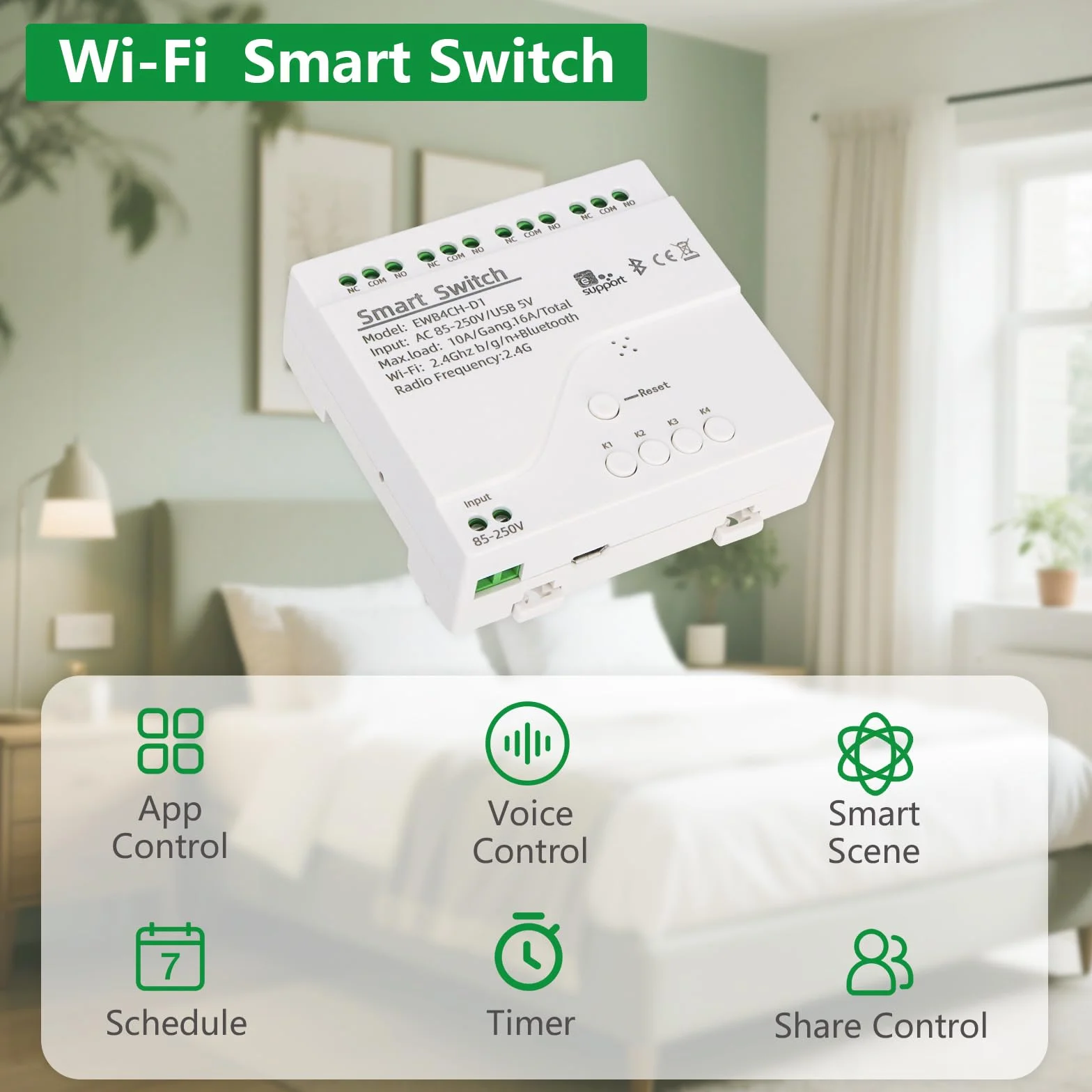 Wengart Interruptor de relé WiFi inteligente AC 85-250 V 10 A, módulo de relé de 4 canales de contacto seco, 2,4 GHz, aplicación Ewelink, funciona con Alexa Google Home, admite tres modos de control
