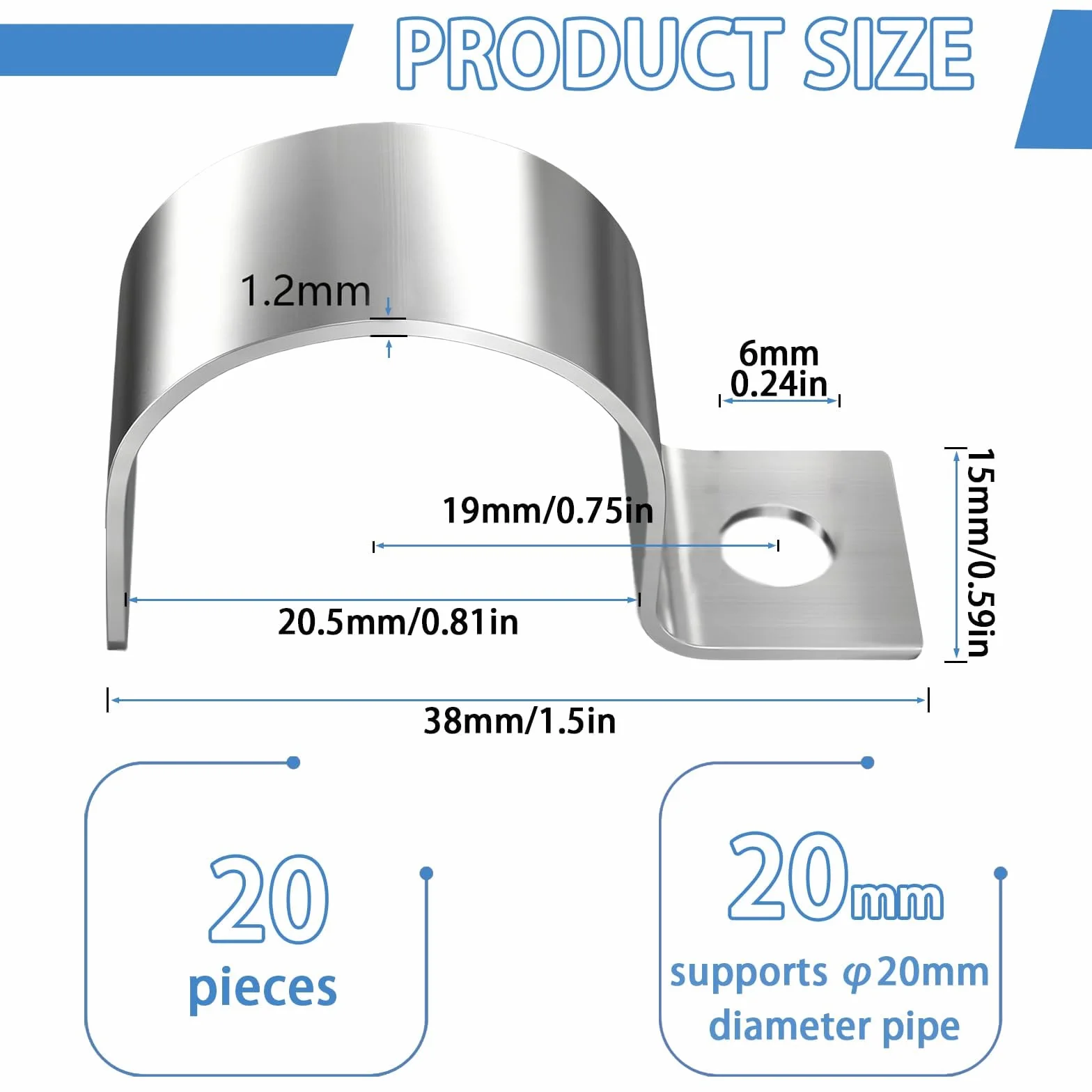 20 Piezas Grapas para Cables 20MM Pared Acero Inoxidable 304 Espesado Sujeta Cables Pared Abrazaderas Metalicas para Orificio Unico en Forma de U para Fijar, Alambres y Tubos