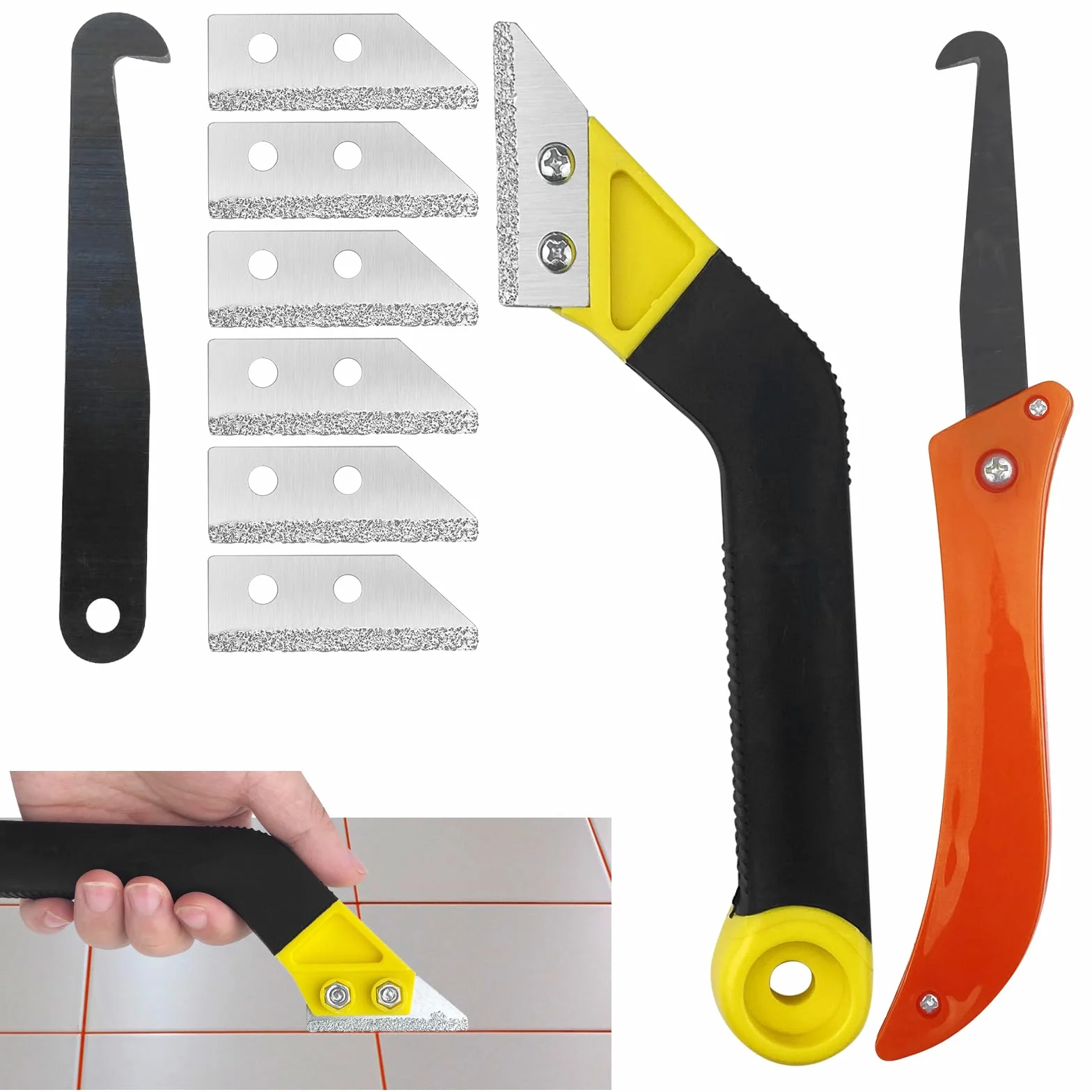 Gvolatee 2 Piezas Rascador Juntas Azulejos+7 Cuchilla de Repuesto, Limpiador de Sierra Removedor de Lechada, Rasquetas Raspador Limpieza, Herramienta de Eliminación para Baldosas de Baño de Cocina