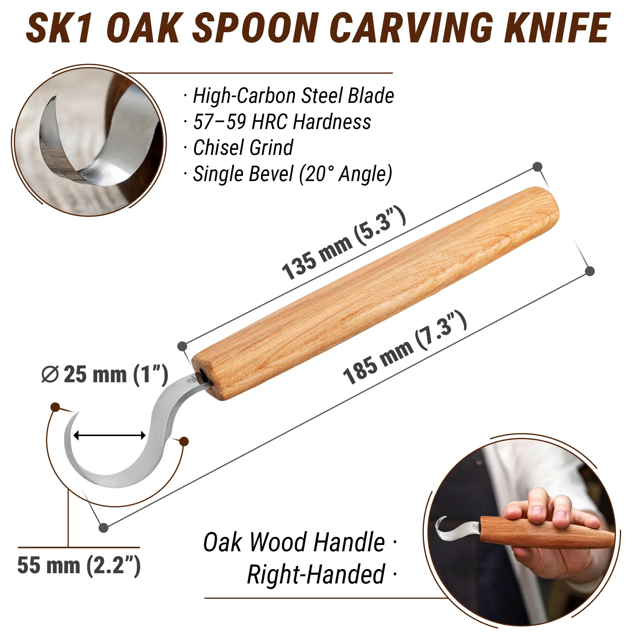 BeaverCraft Cuchillo Curvo SK1 para Tallar Cucharas – Herramienta de Tallado para Diestros – Cuchillo para Cucharas, Cuencos y Tazas – Herramientas de Tallado para Principiantes y Profesionales