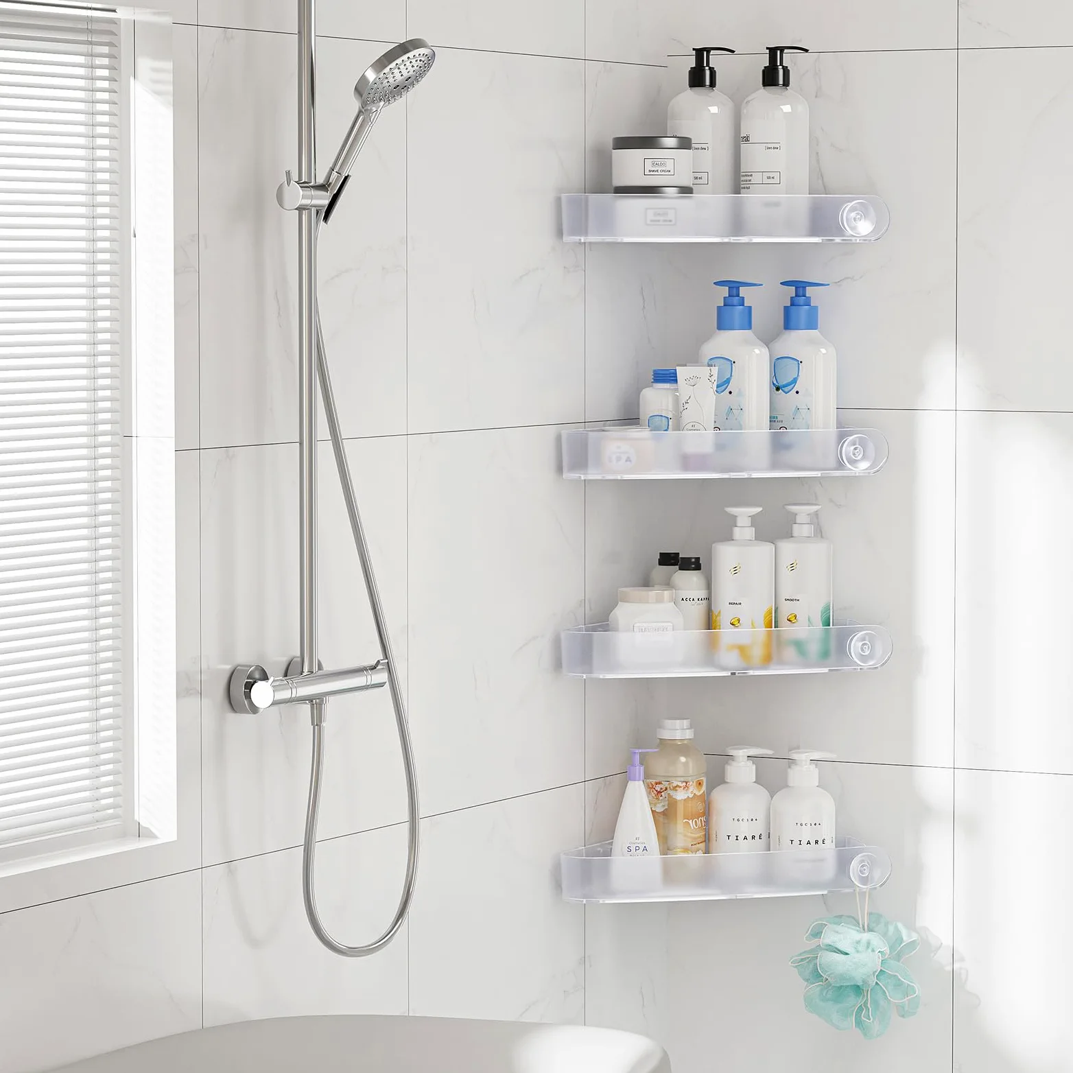 Sotfamily 4 Piezas Estanteria Ducha Sin Taladro, Estante Baño de Esquina Cesta, Plastico Extraíbles Estanterias, Estante Ducha con 6 Ganchos autoadhesivos, Estanteria Baño Autoadhesivos, Helado Claro