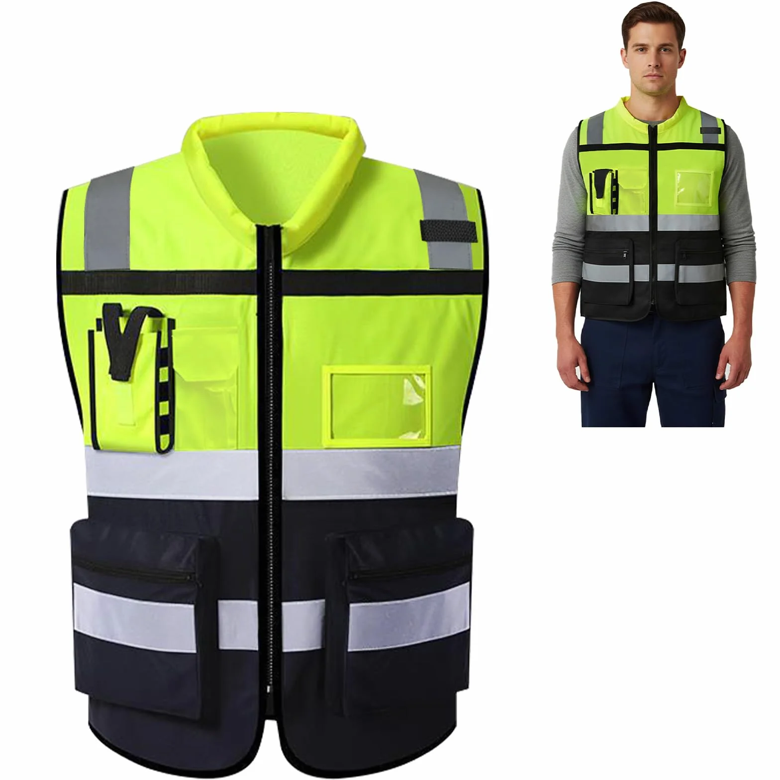URAQT Chaleco Reflectante Homologado, Chaleco Reflectante de Seguridad, Chaleco Trabajo 7 Bolsillos con Cremallera, Chaleco de Seguridad de Alta Visibilidad para Limpiadores Trabajadores, Unisex, L