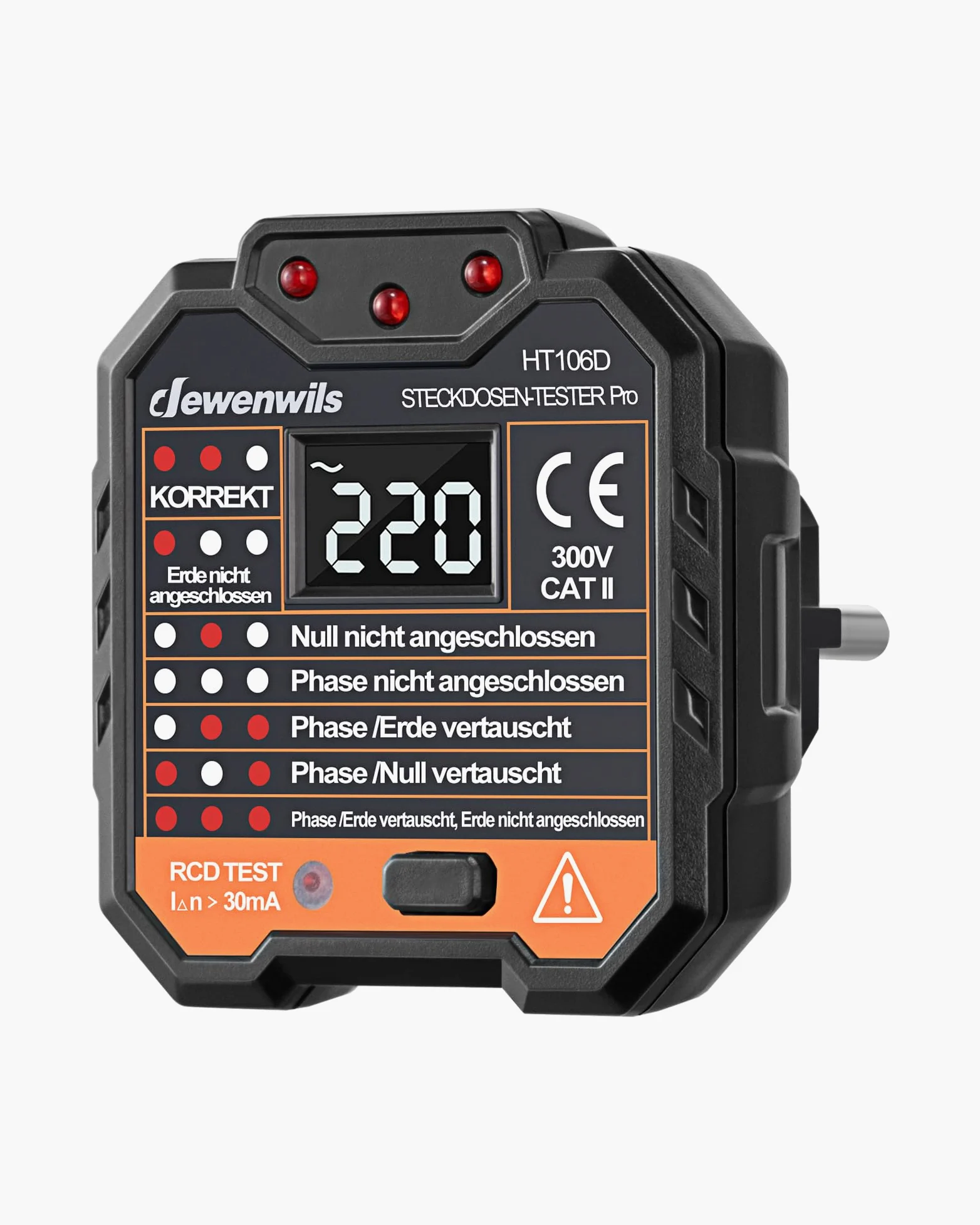 DEWENWILS Probador de Enchufes con Prueba RCD y Pantalla de Voltaje LCD, Pantalla de Luz Indicadora, Prueba FI, 48-250V/45-65Hz, CAT ll 300V