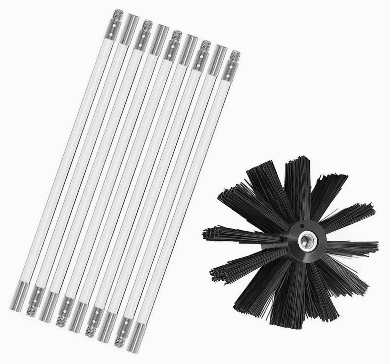 Juego de deshollinador para estufa de pelletos, erizo, diámetro 100 mm, 9 flexibles de 410 mm, se puede utilizar con taladro para chimenea (9 varillas, 410 mm)
