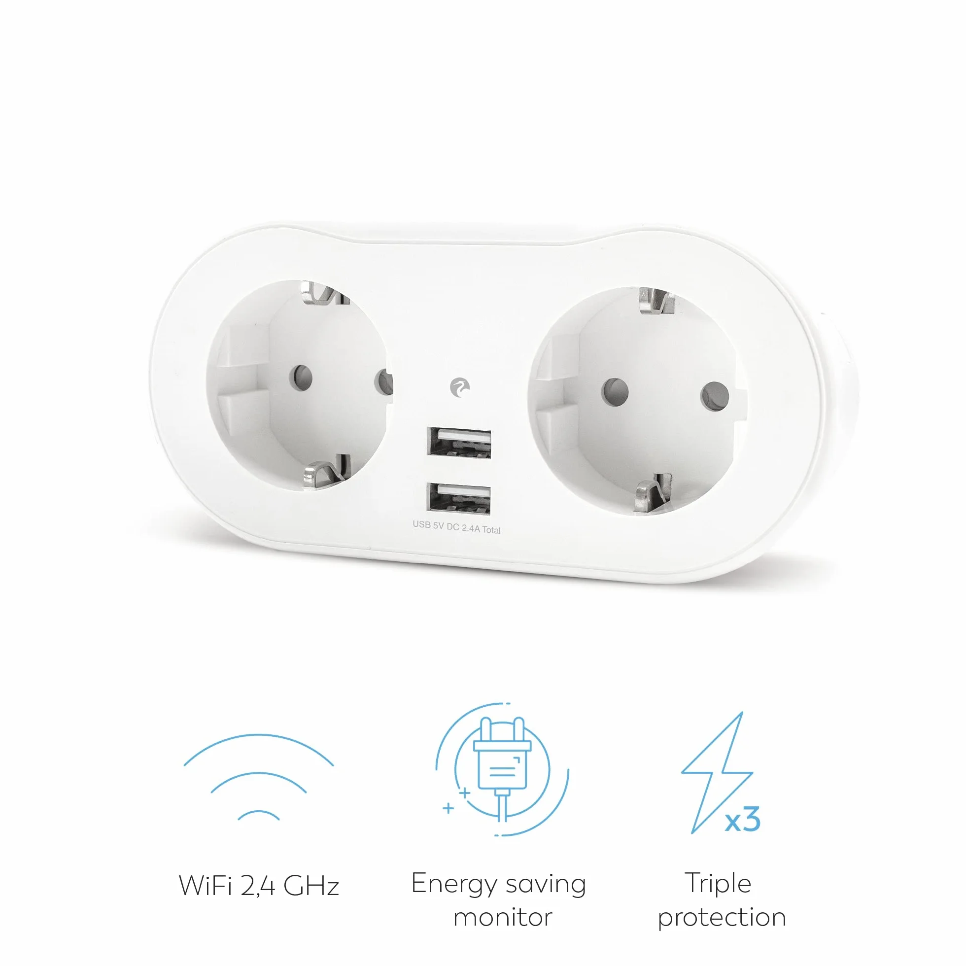 Garza Smart, Enchufe Wifi doble inteligente con 2 tomas y 2 puertos USB, programable, WiFi 2.4 GHz, con medidor de consumo, control remoto por app y por voz Alexa/Google, color blanco