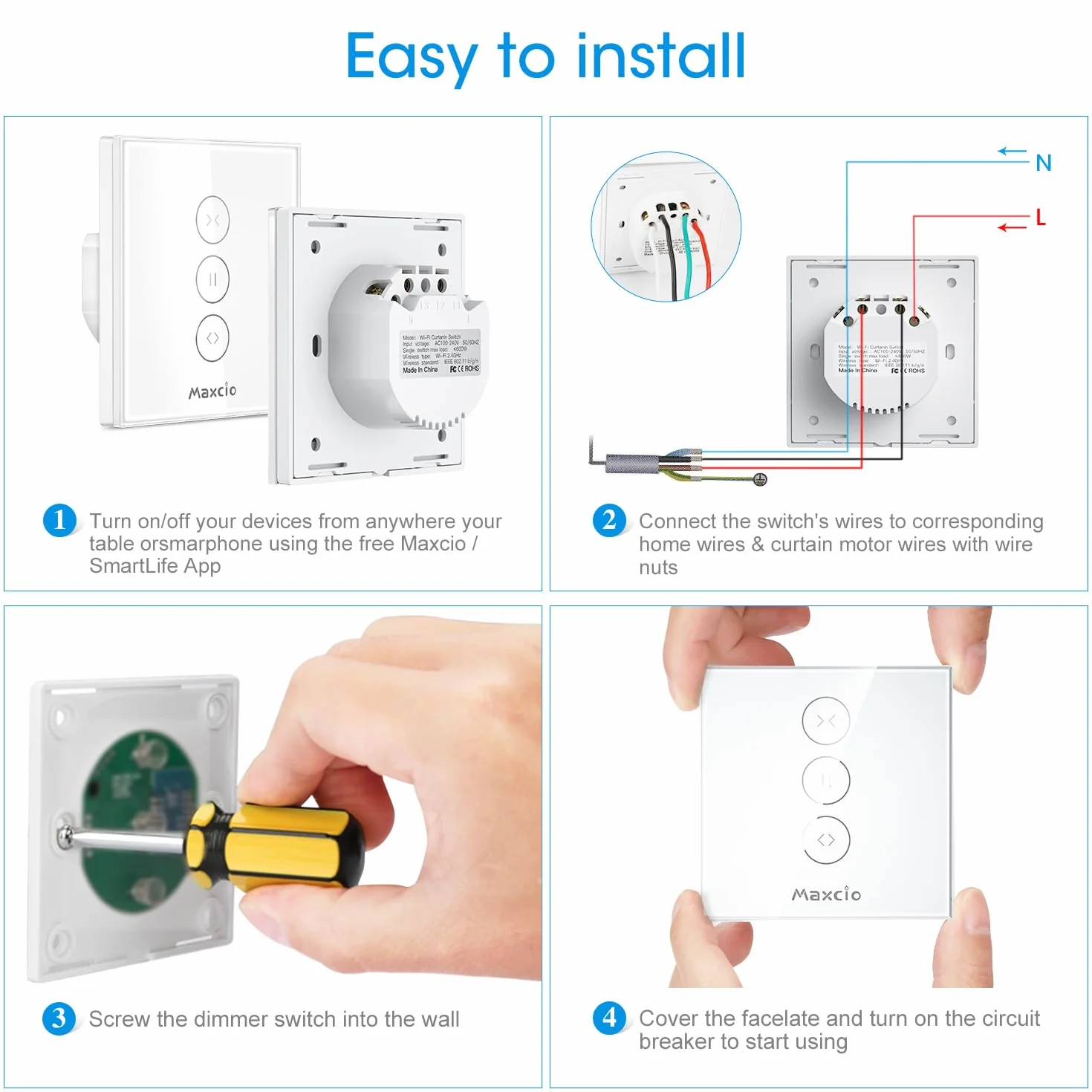 Maxcio Interruptor de Persiana WiFi, Control Inteligente de Persiana compatible con Alexa, Google Assistant, Control por voz y Control Remoto, Temporizador