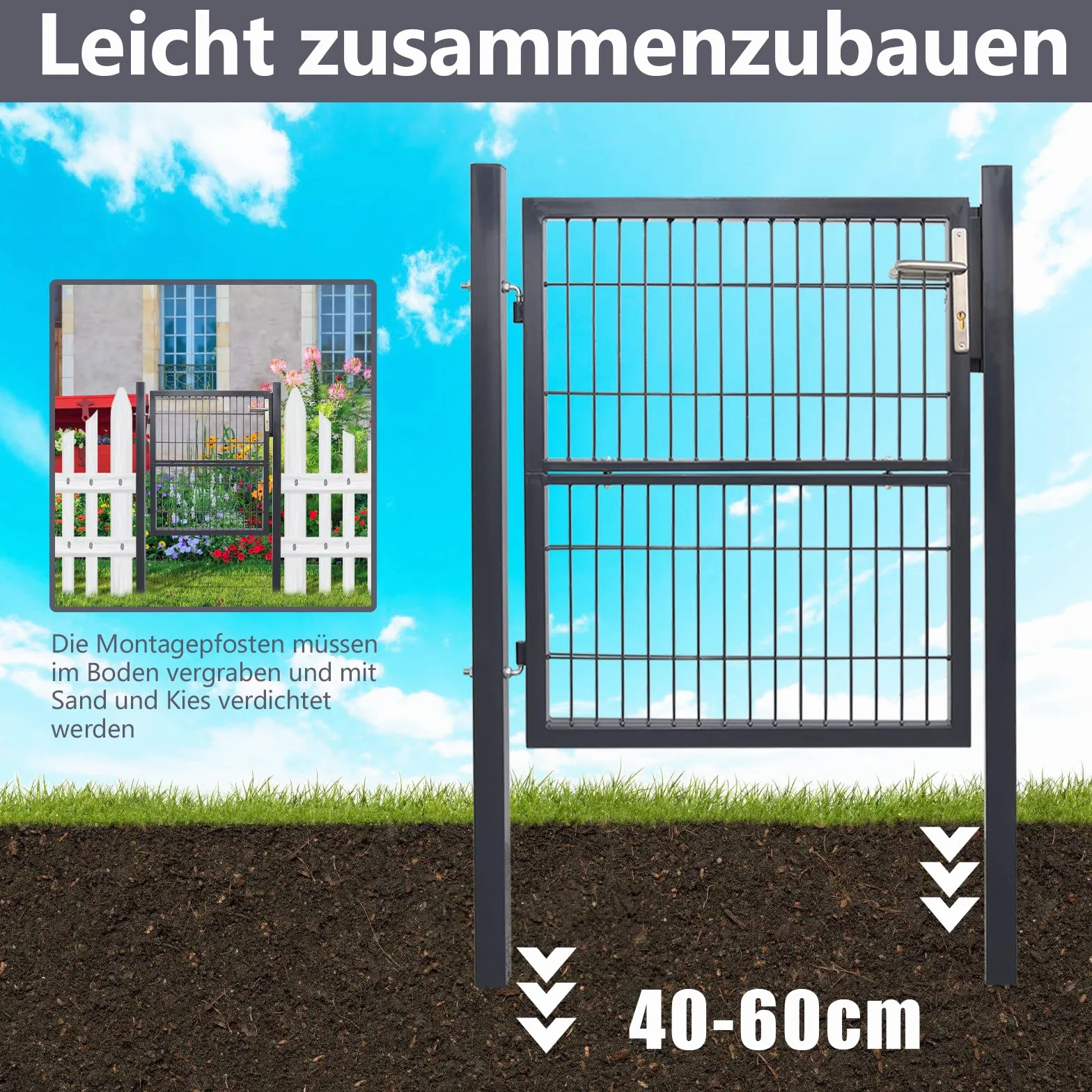 Gimisgu Puerta de jardín, 120 x 100 cm, de acero galvanizado, resistente y duradera, para valla de barra, incluye tirador y 3 llaves, color antracita