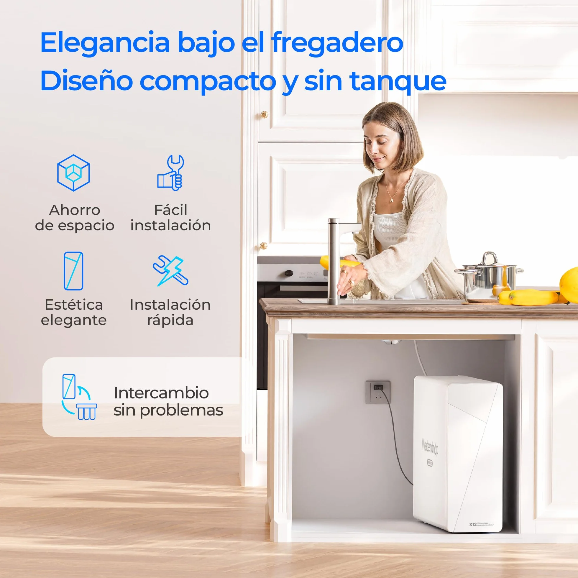Waterdrop X12 Mineral Alcalino pH+ Ósmosis Inversa Sistema, NSF/ANSI 58&372 Certificado, 1200 GPD Flujo Rápido, Filtración 11 Etapas, 3:1 Pura a Drenaje, Libre de BPA