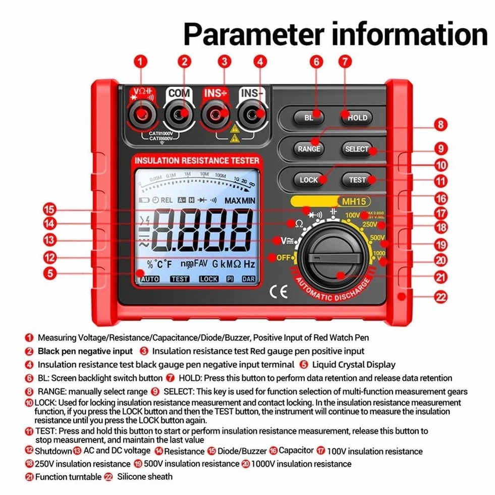Megohmímetro digital MH15 100V 250V 500V 1000V voltaje de prueba pantalla LCD retroiluminación retención de datos