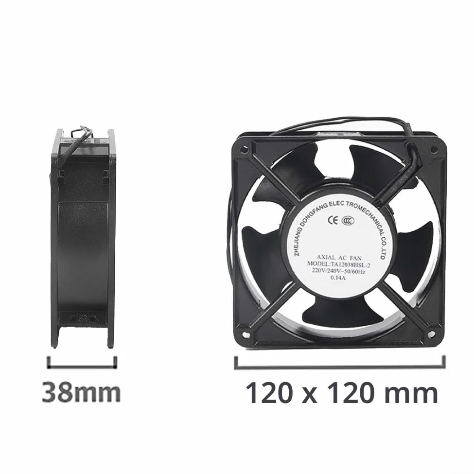 Ventilador axial para casete de chimenea, funcionamiento silencioso, ventilador axial con aspas metálicas, para estufas, extractores, chimeneas, estufas de leña, 120 x 120 x 38 mm