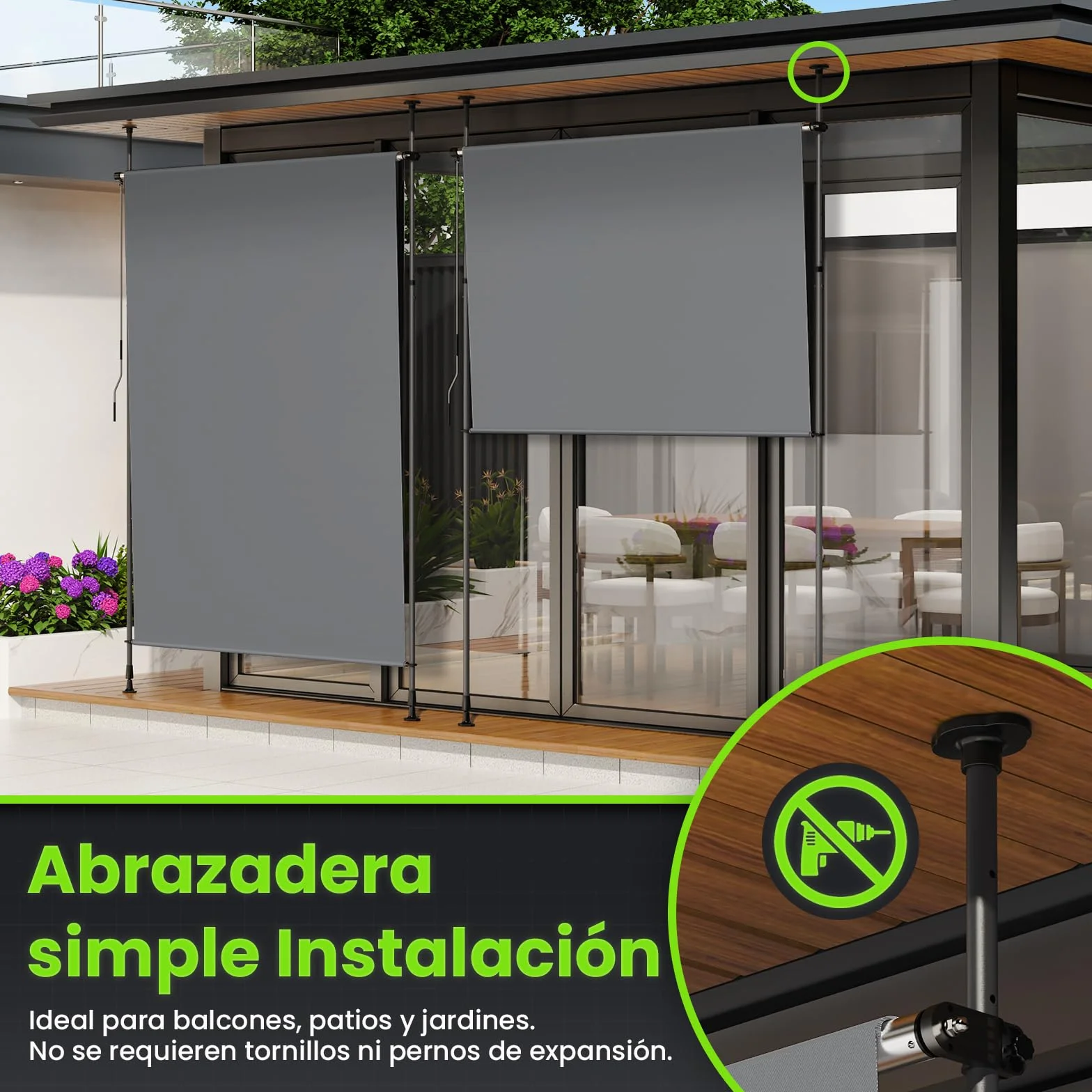 YEAUPE Pro Toldo Vertical Exterior, 100 x 300 cm, Gris Oscuro, sin Agujeros, toldo con Pinza, con manivela, Adecuado para balcón, terraza, Exterior y jardín, protección Visual Resistente a la