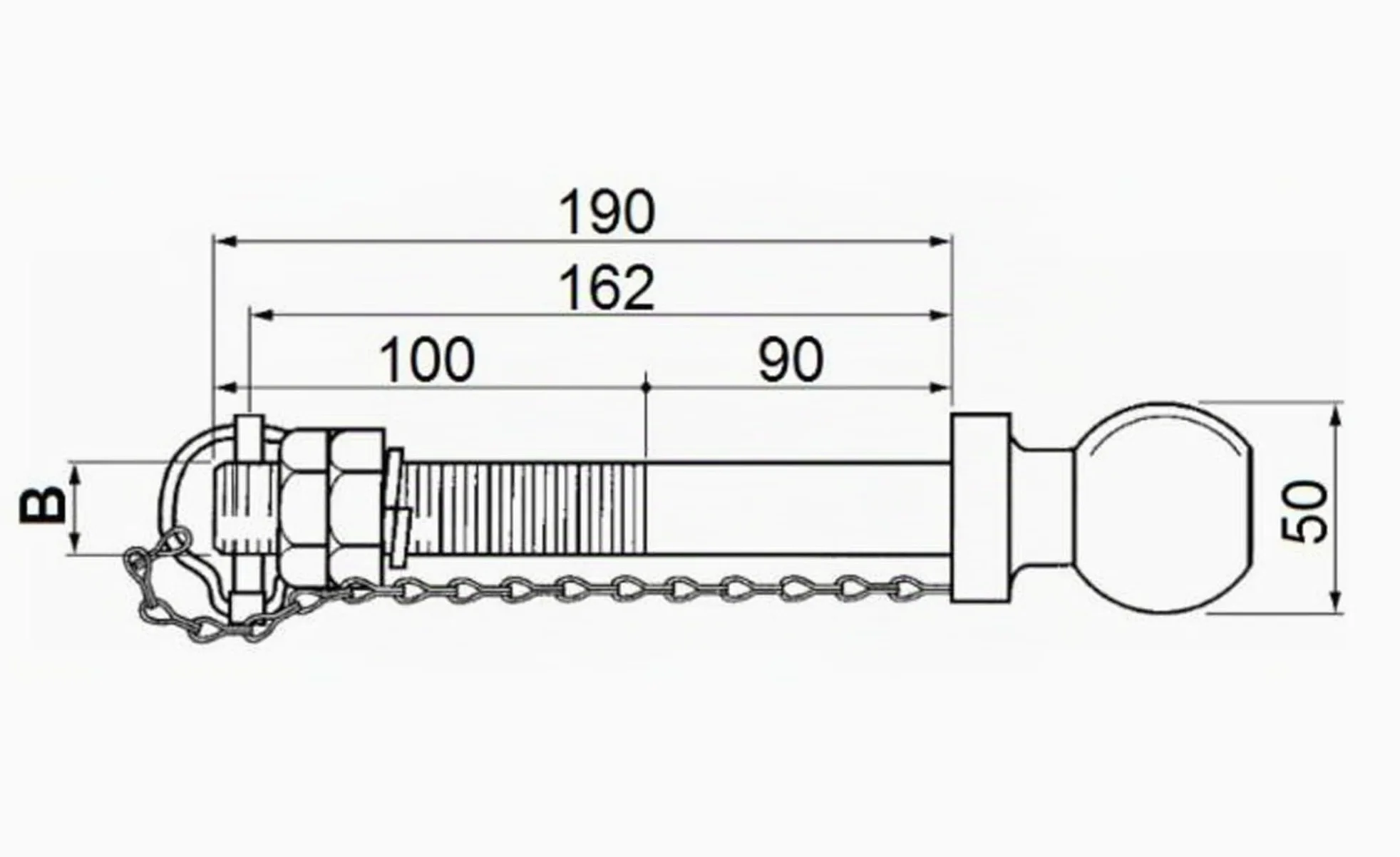 Pasador de remolque Ama Ball con cabeza Ø 50 mm: pasador de bola de remolque roscado de 190 mm, diámetro de cabeza de bola de 50 mm, cuerpo de 22 mm