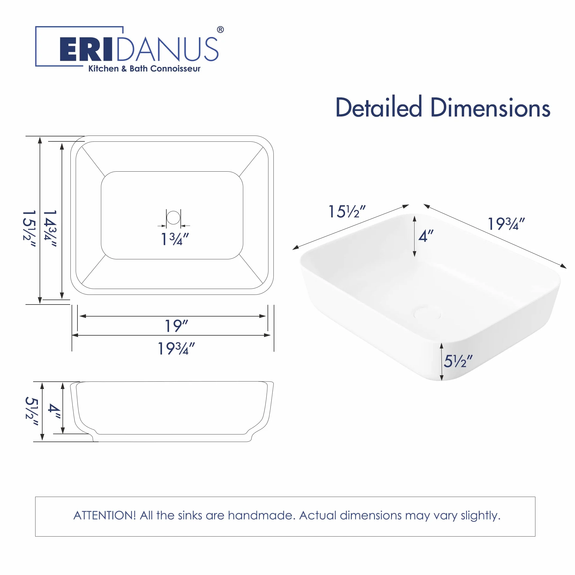 Eridanus Lavabo de encimera rectangular, lavabo cuadrado de cerámica para baño, recipiente para WC, armario, lavabo, blanco brillante – 500 x 390 x 140 mm