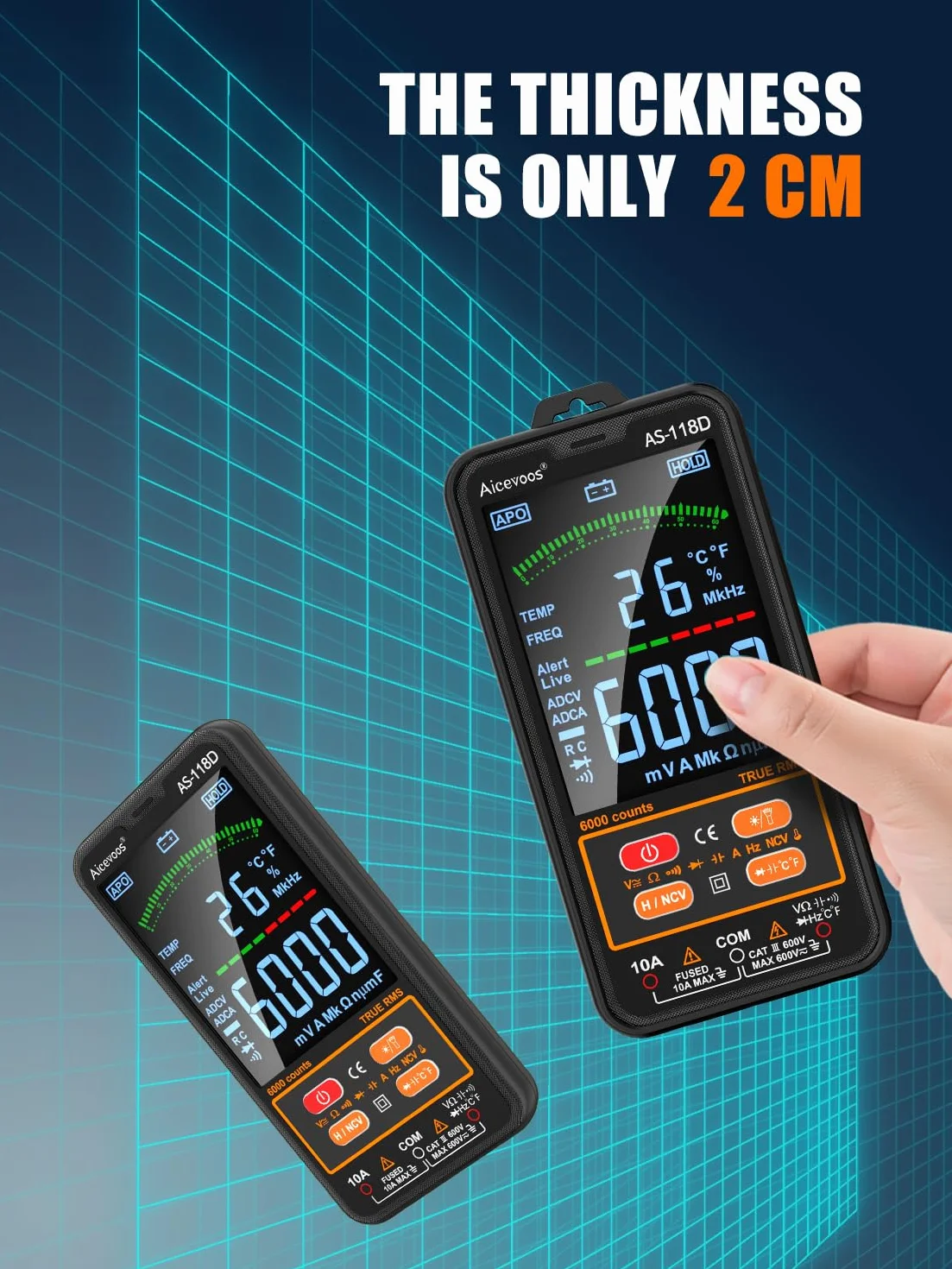 AS-118D Multimetro Digital Polimetro Digital Multimetro Digital Profesional Auto-Rango TRMS para Medir CA/CC Corriente, Voltaje, Resistencia, Frecuencia, Capacidad, NCV, Diodes | negro
