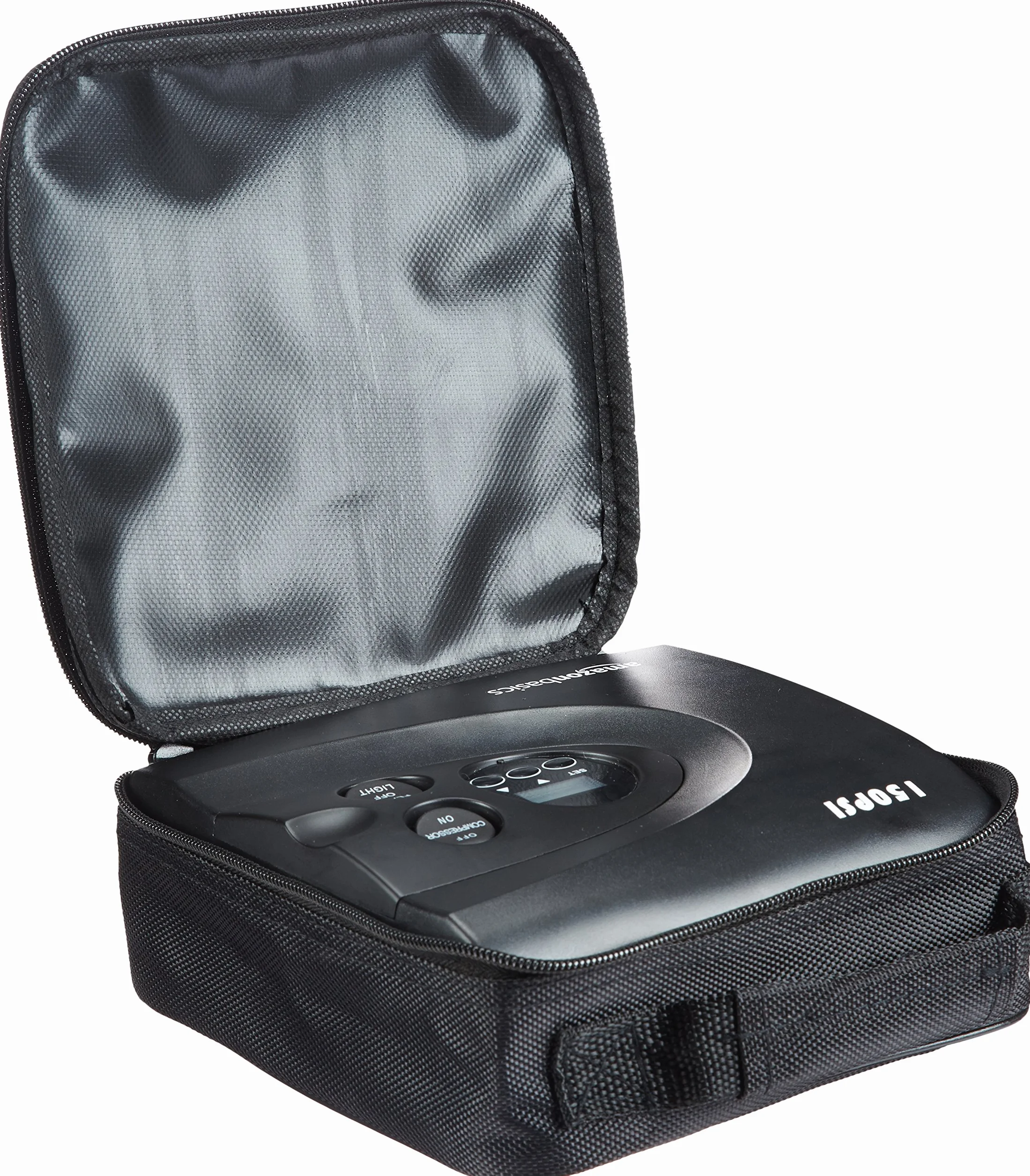 Amazon Basics Compresor de aire portátil compacto, inflador de neumáticos, apagado automático con luz LED, CC 12 V, 150 PSI, color negro
