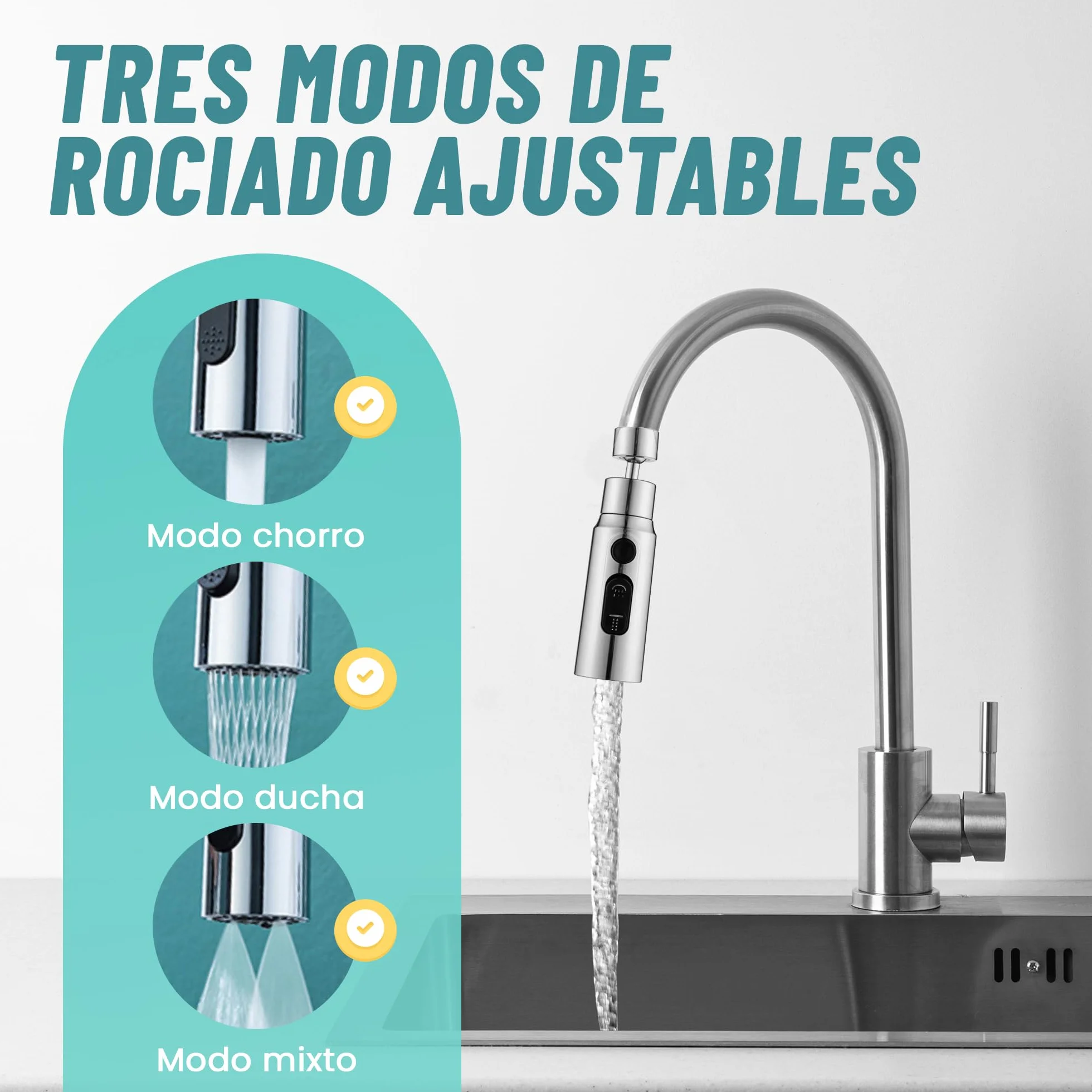 VIPA Adaptador Grifo Cocina 3 Modos Ajustable 360º con Adaptador Universal Boquilla Grifo Filtrado a Prueba de Salpicaduras