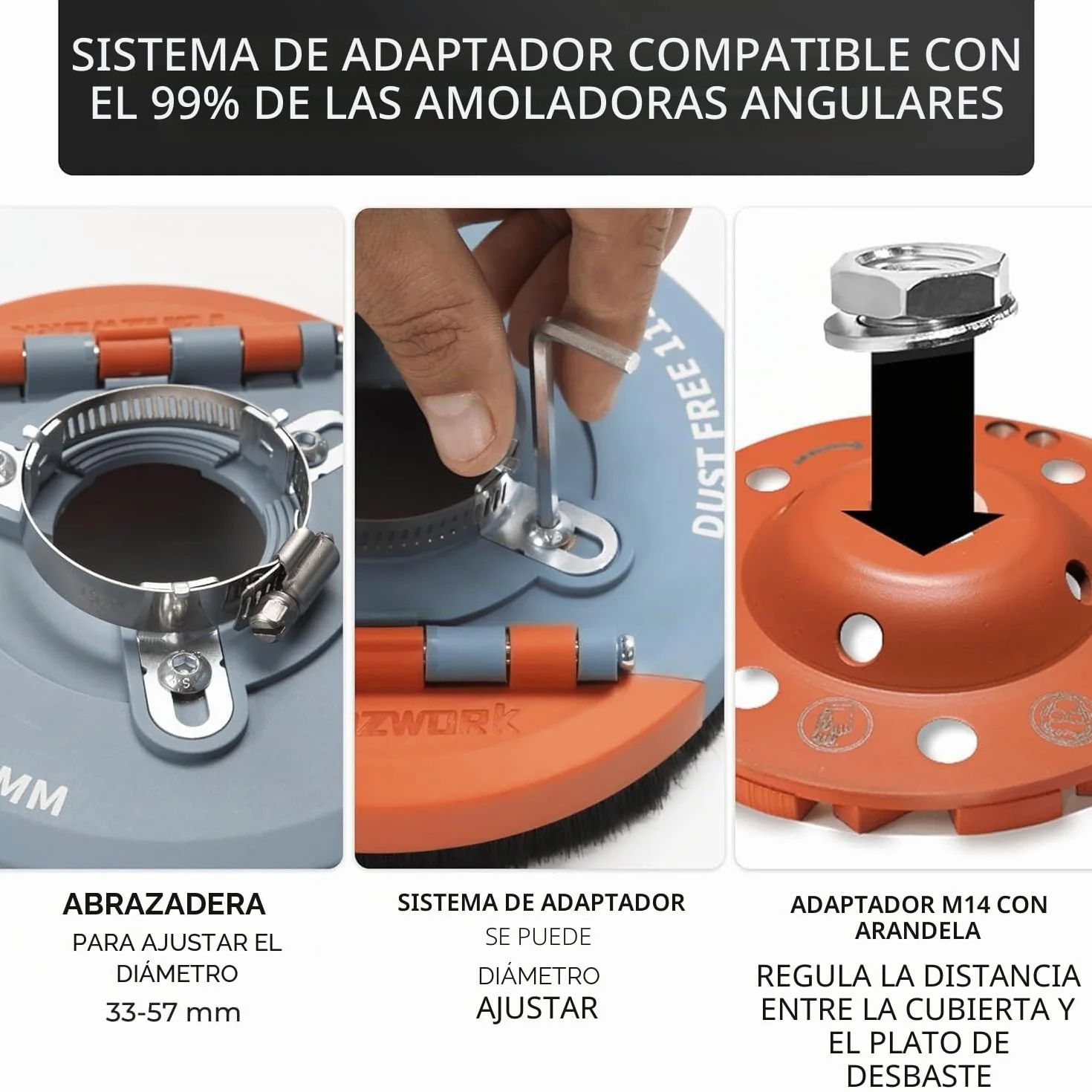 FANZWORK cubierta de aspiración para amoladora angular incl. disco de diamante de 125 mm, Cepillos intercambiables, Compatible en un 99% de forma universal, Anillo adaptador reforzado, Adaptador M14