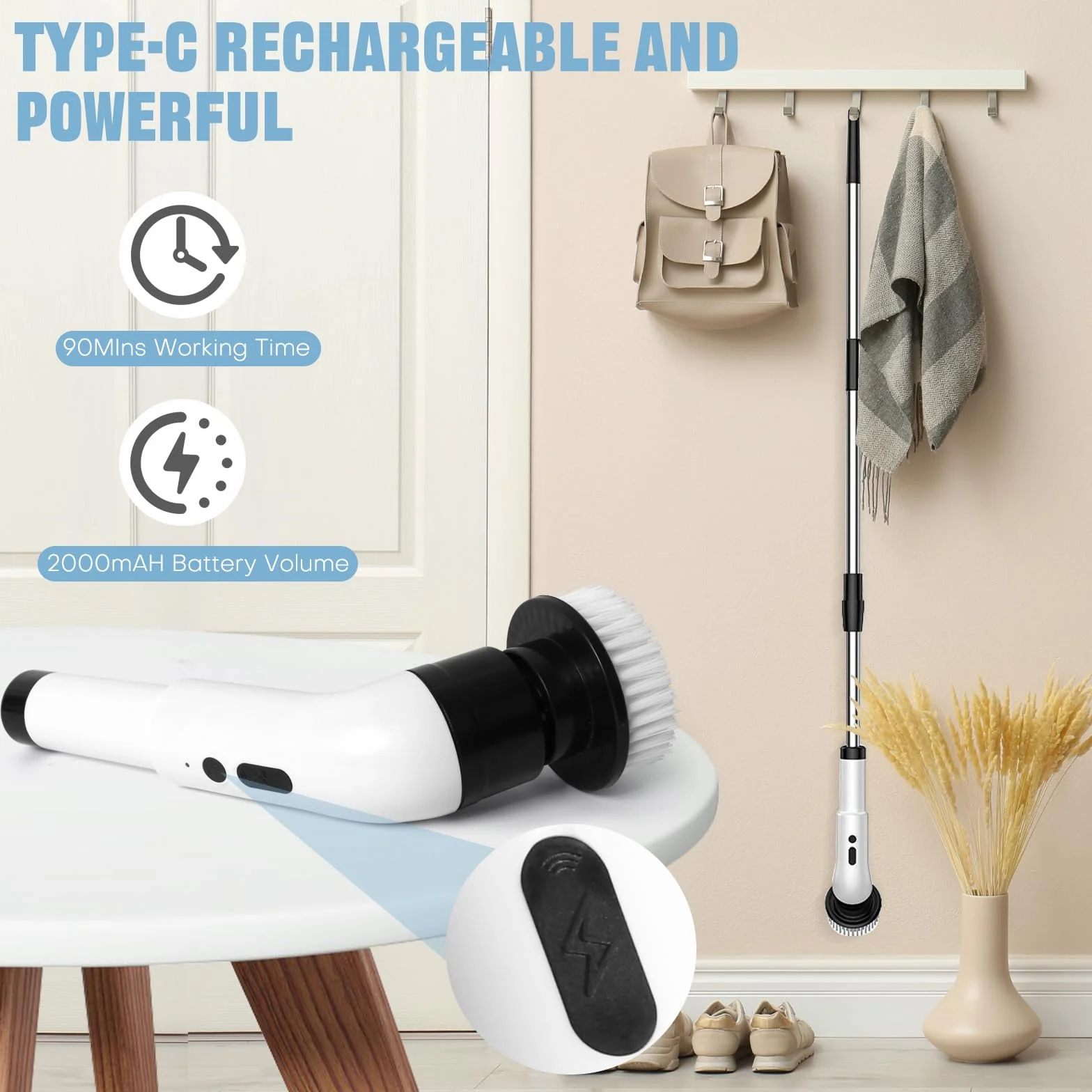 Cepillo Electrico Limpieza Hogar con 10 Cabezales Intercambiables, 3 Velocidades Ajustables 350-450 RPM/min, IPX7 Impermeable, con 140cm Mango Ajustable para baño, Cocina, Coche