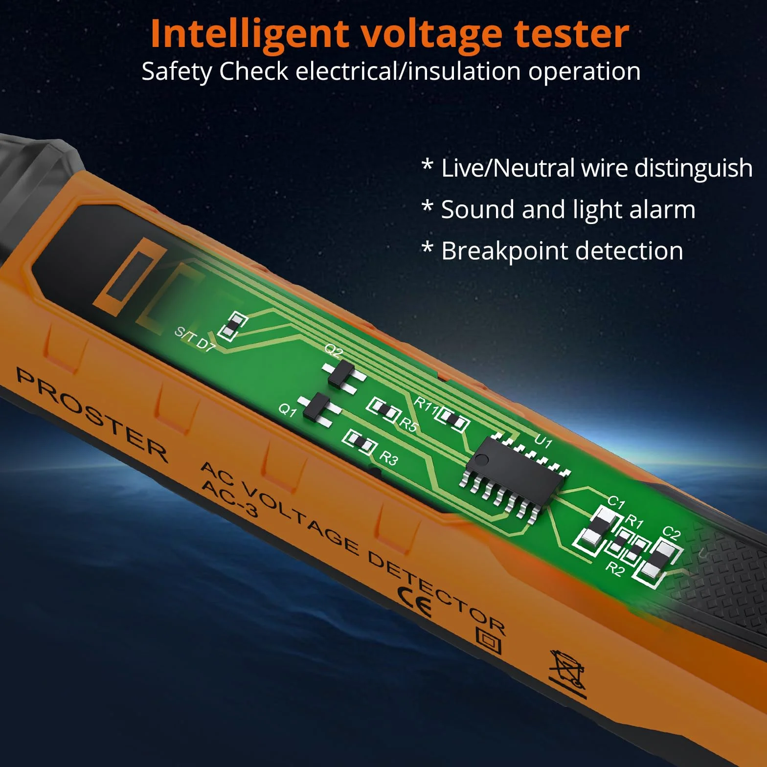 Proster Detector de Voltaje sin Contacto 12-1000V/48V-1000 Probador de Voltaje AC con Sensibilidad Ajustable Alarma Linterna LED
