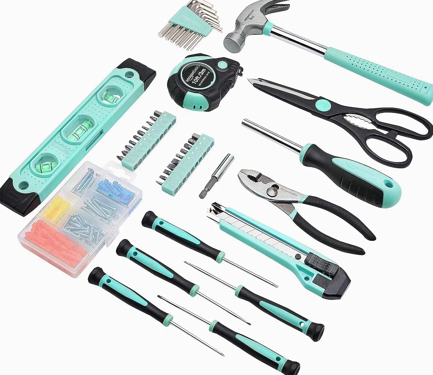 Amazon Basics - Kit de herramientas para el hogar con estuche, 142 unidades, Azul Turquesa, 34 x 23,5 x 7,5 cm