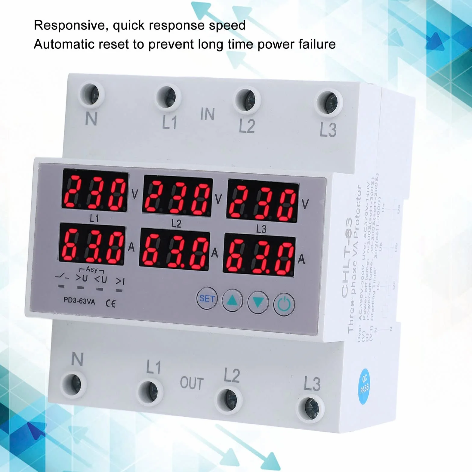63A Probador Múltiple Amperímetro Voltímetro Riel DIN Trifásico CA 390‑500V Protector Sobrecorriente Sobrevoltaje Automático