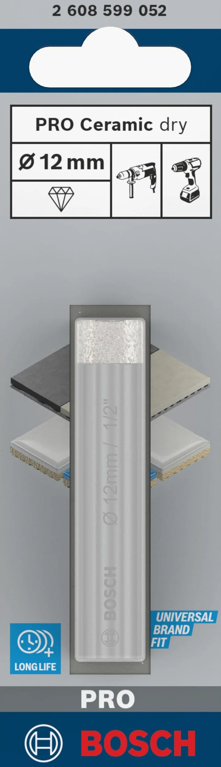 Bosch Professional 1x Broca de diamante Expert for Ceramic (para Azulejos duros, Piedra dura, Piedra blanda, Ø 12 mm, Accesorios Taladro)