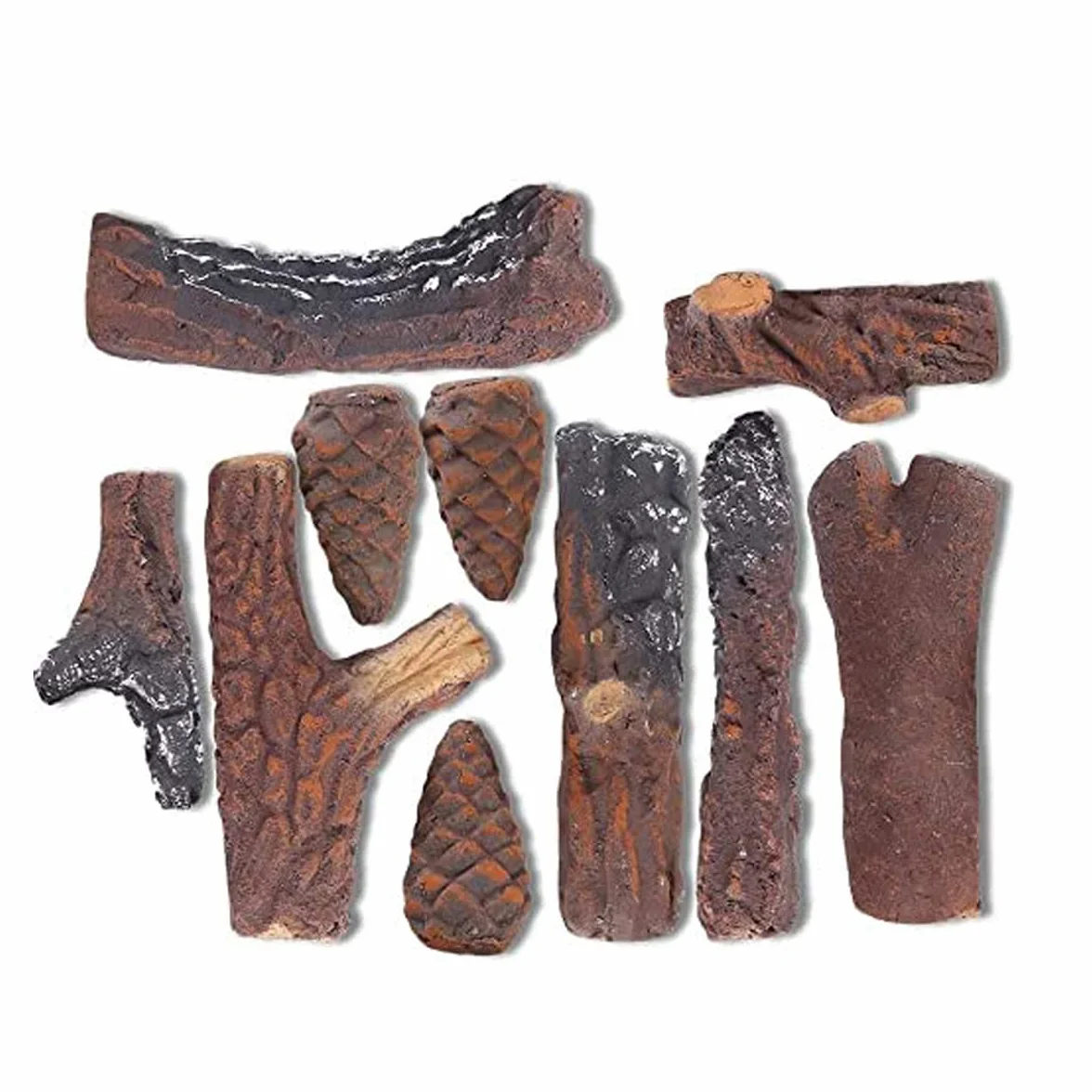 Juego de 10 troncos de madera de cerámica, decoración de chimenea, cerámica, decoración de madera, para gas, etanol, eléctrica, interior y exterior