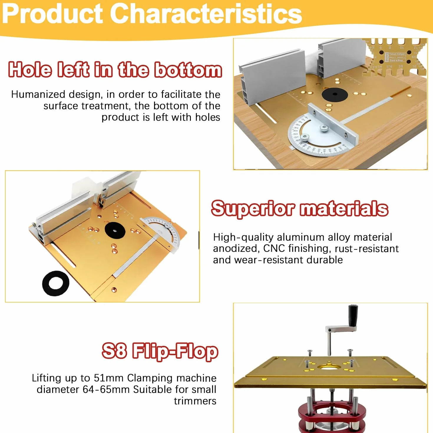 Mesa Fresadora para Madera Aluminio, Sistema Elevación de Mesa para Fresadora Kit, Sujeción de 4 Mordazas Mesa Fresadora, para Carpintería, Ranurado y Recorte (Oro)