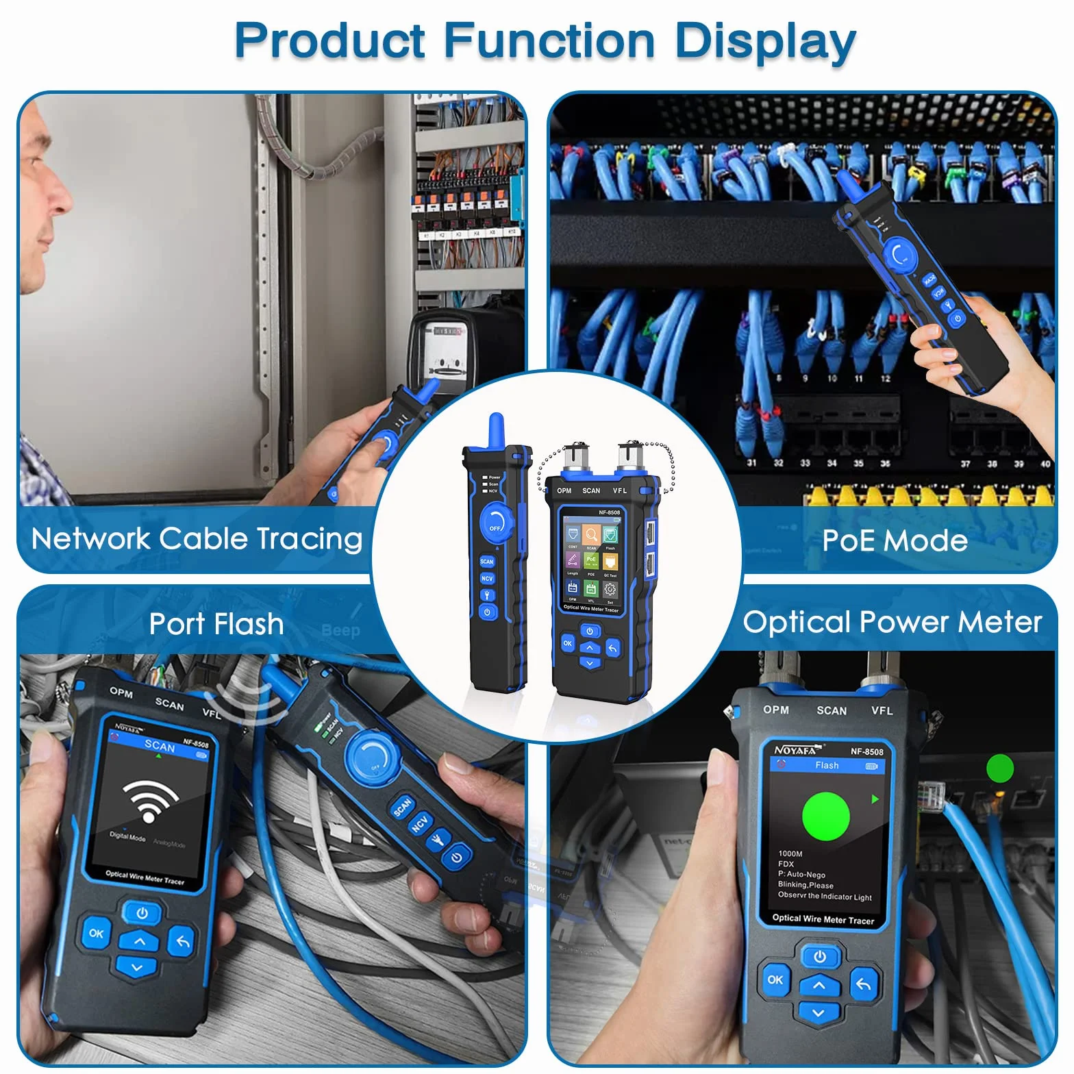 NOYAFA NF-8508 Probador de Cables Red Ethernet Medidor de Potencia Óptica Tester RJ45 RJ11 VFL PoE NCV Longitud Mapeo Cat5 Cat6