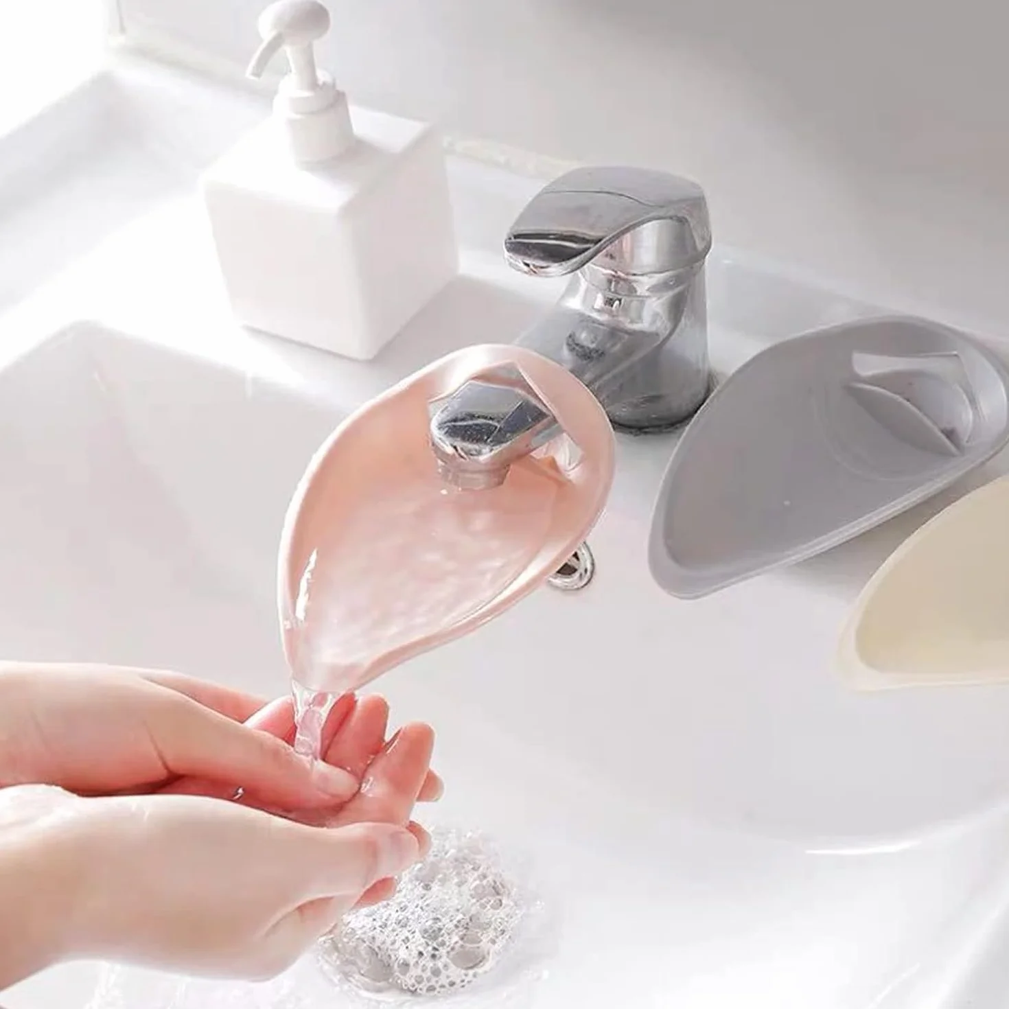 2 Piezas Extensor de Grifo de Silicona, Extensor de Grifo para Baño Niños, Accesorio para Cocina Baño de Grifo (Gris, Rosa)