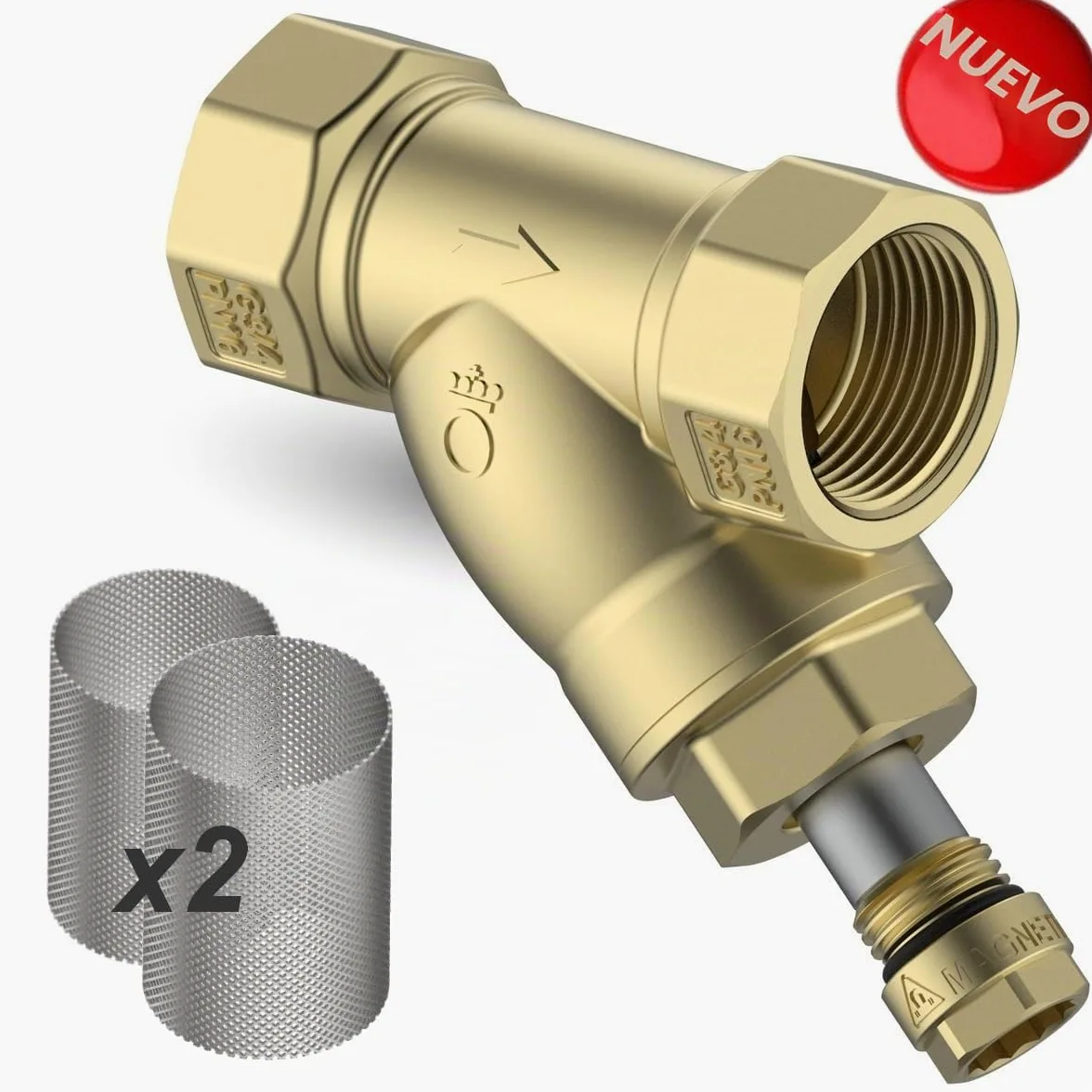 FERDOM FD432 FAST Filtro Y Magnético 3/4" Para Calefacción Central, Bombas De Calor Y Agua. Con Filtro De Suciedad. Cuerpo De Latón. Imán 6000Gs, Malla 500μm. Malla Extra !!! Montaje simple.