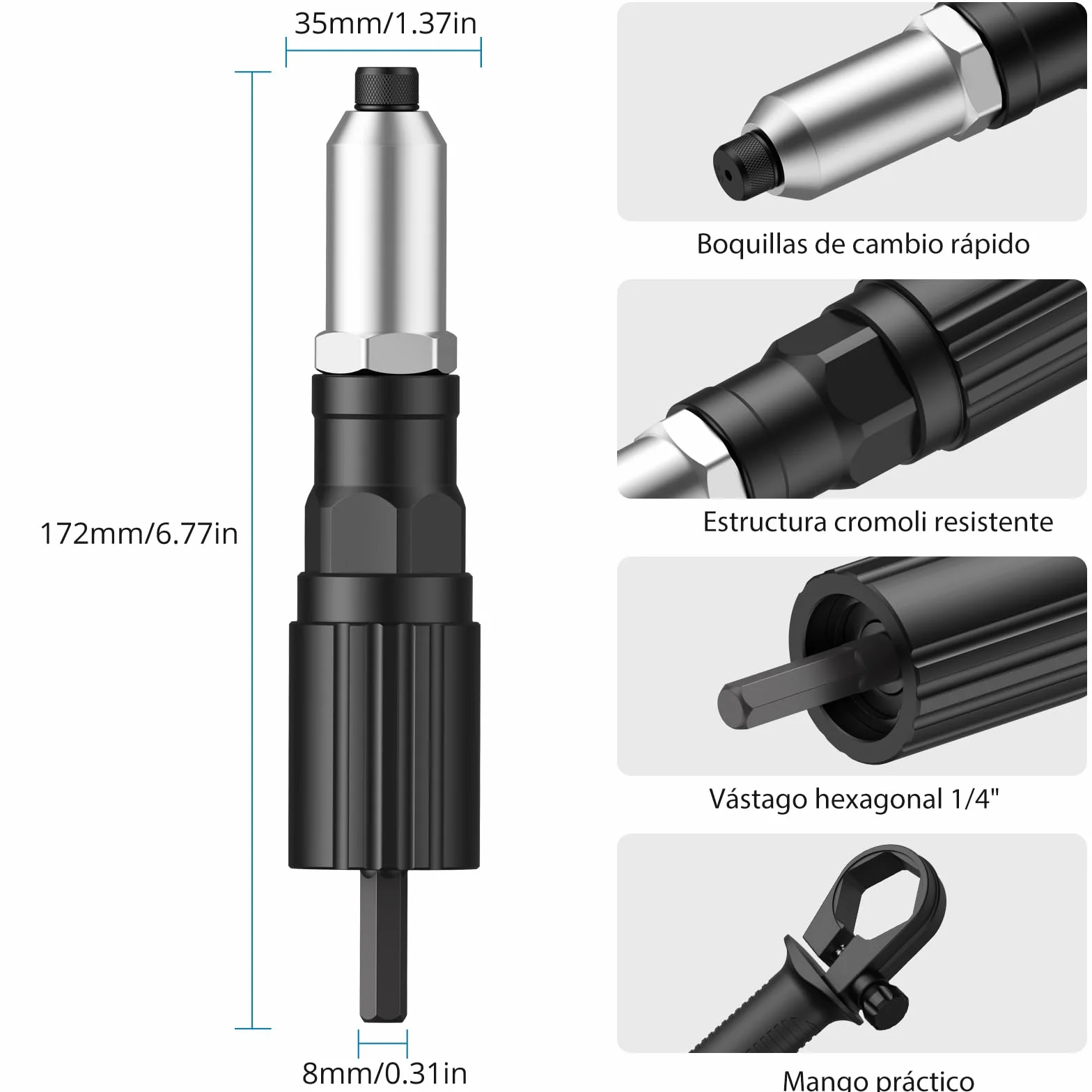 AUTOUTLET Accesorio de Remache para Taladro Destornillador Inalámbrico, Adaptador de Remache Eléctrico con Remaches de 79 piezas 2,4/3,2/4,0/4,8 mm para Remaches Ciegos (Negro)