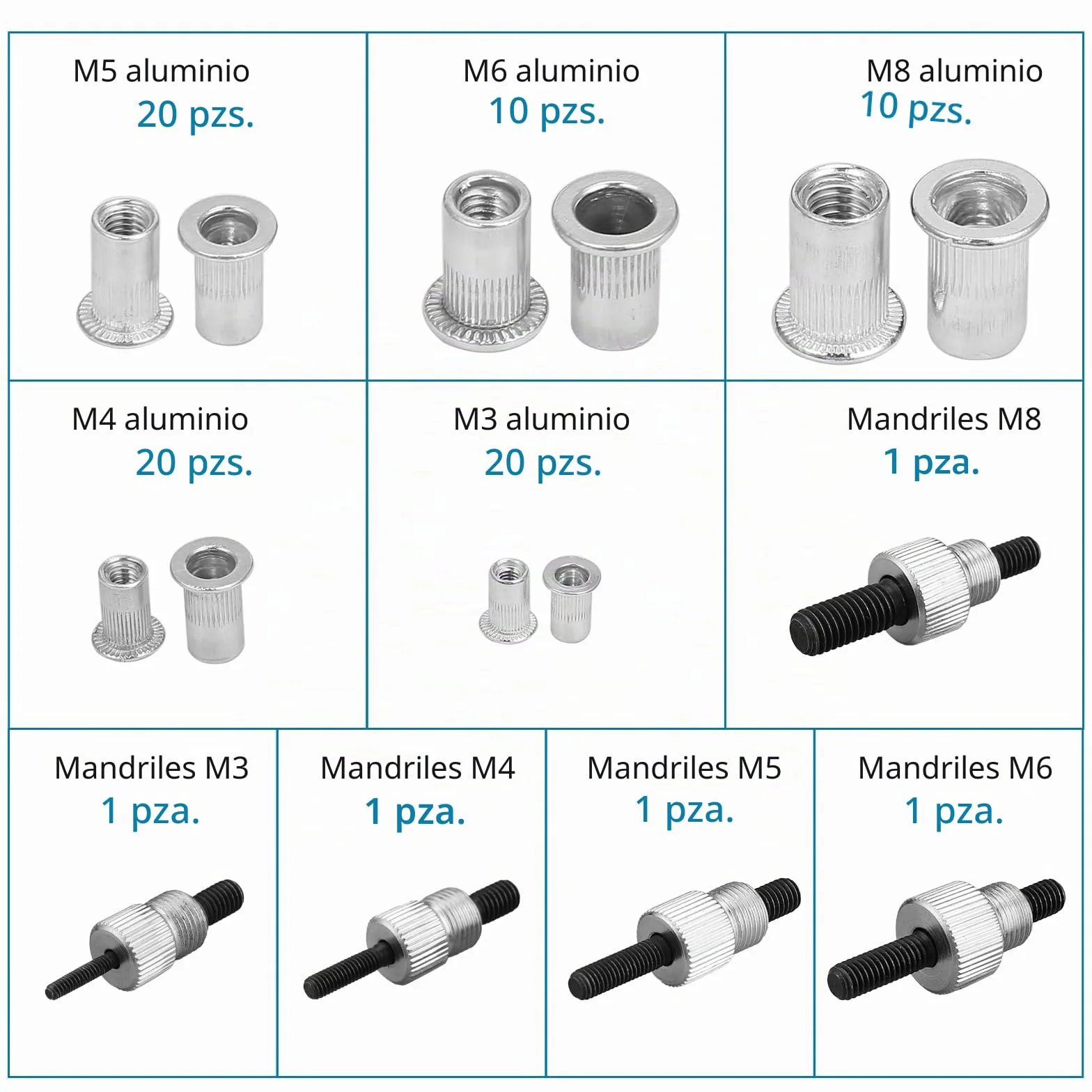 AUTOUTLET - Juego de 86 Pinzas para Tuerca de Remache con Mandriles M3, M4, M5, M6, M8 y 80 Tuercas de Remache, Pinza de remachar roscada de 25,4 cm, Pinza para remachar Ciego, Azul