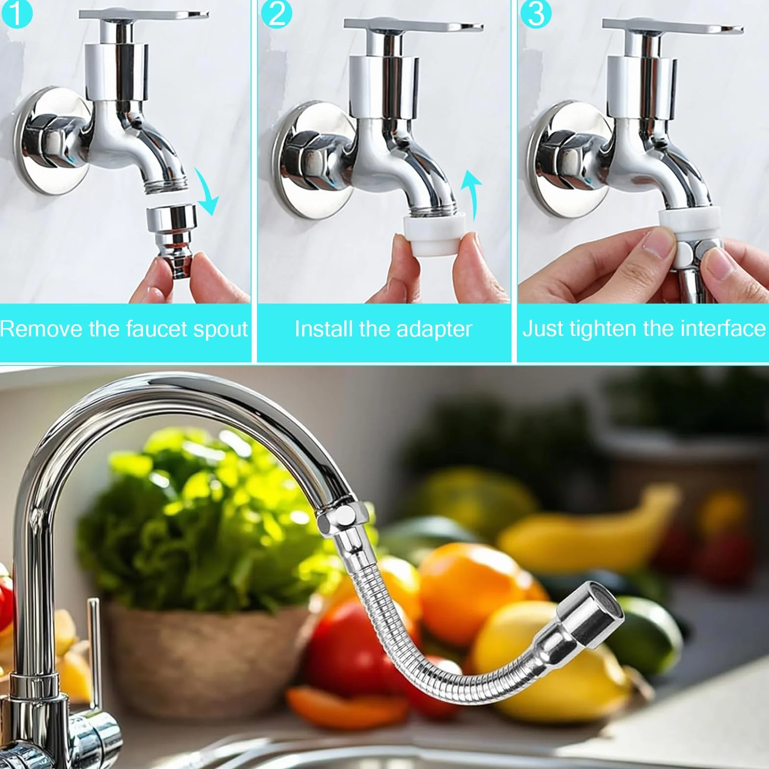 Extensión flexible de 20 cm, grifo de ahorro de agua, accesorio giratorio con 2 adaptadores de grifo, regulador de chorro, cabezal pulverizador para cocinas, baños, bares, inodoros