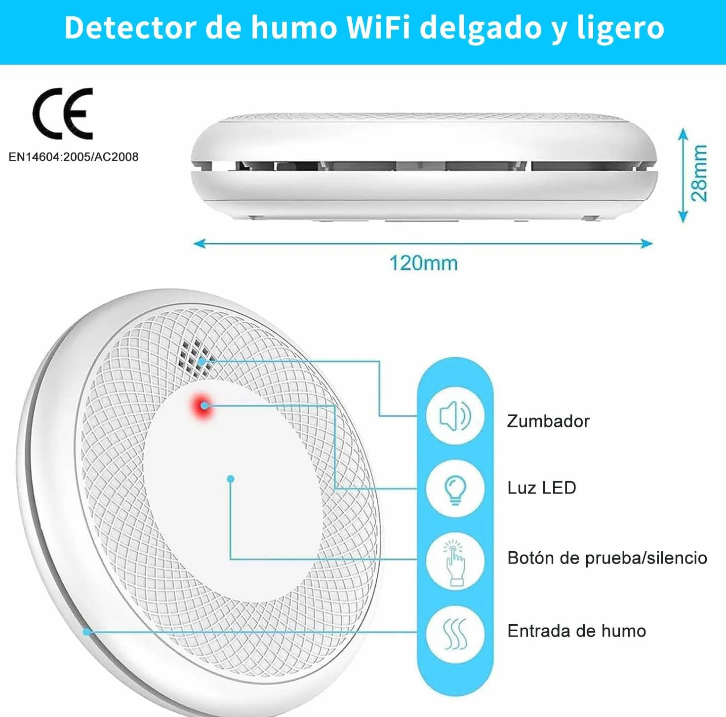 Detector de Humo Inteligente Wi-Fi 2 Piezas EN 14604 Batería 10 Años App Tuya/Smart Life