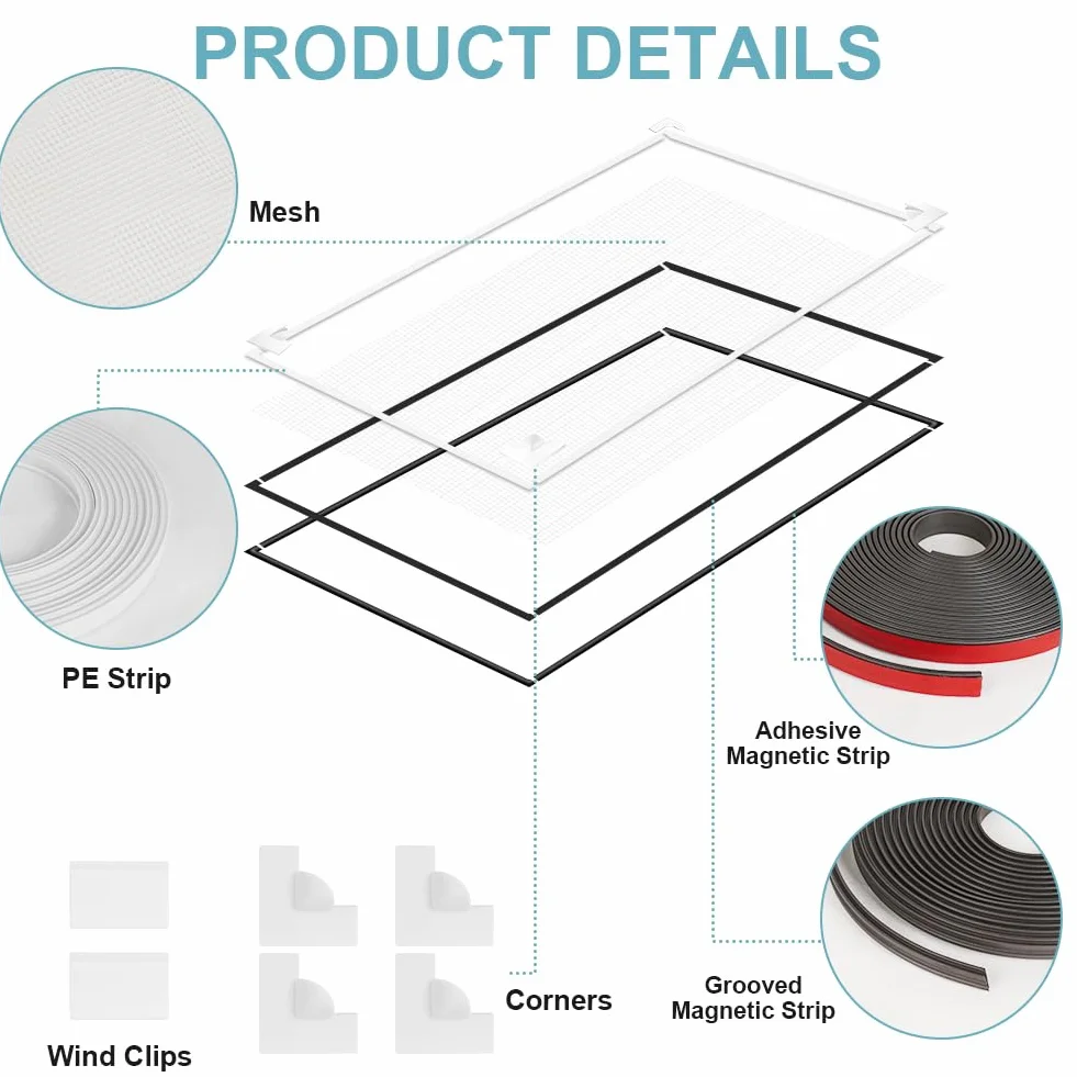 Flintronic Mosquitera magnética para ventanas, Mosquitera para ventanas de fijación con Imán incorporado, recortable individualmente hasta 130 x 150 cm, sin taladrar ni atornillar [Blanco]