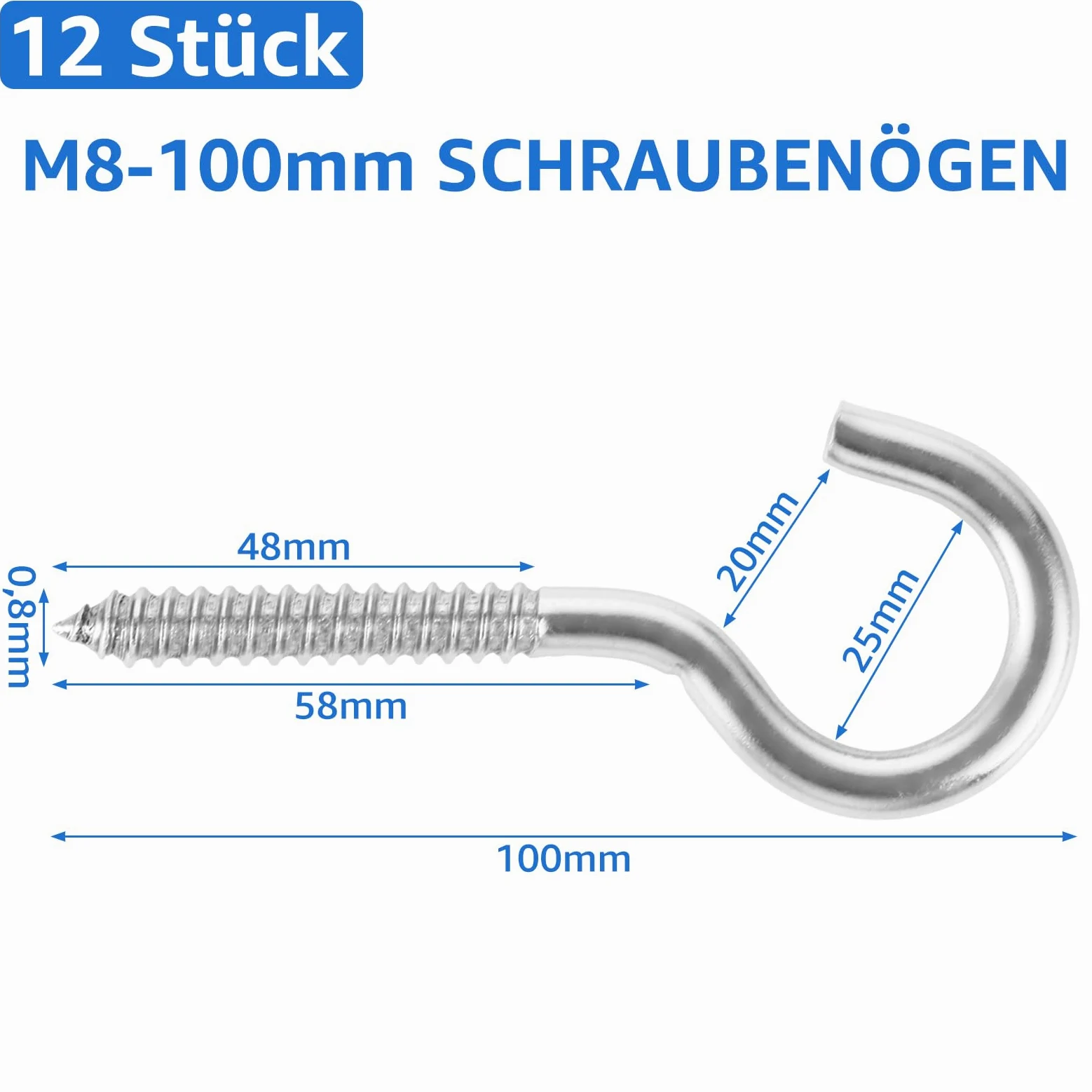 12 ganchos de rosca de acero inoxidable M8 x 100 mm, 304 ganchos para techo, ganchos para atornillar para hamacas, toldos, sillas colgantes, mecedoras, cables fijos, cestas colgantes