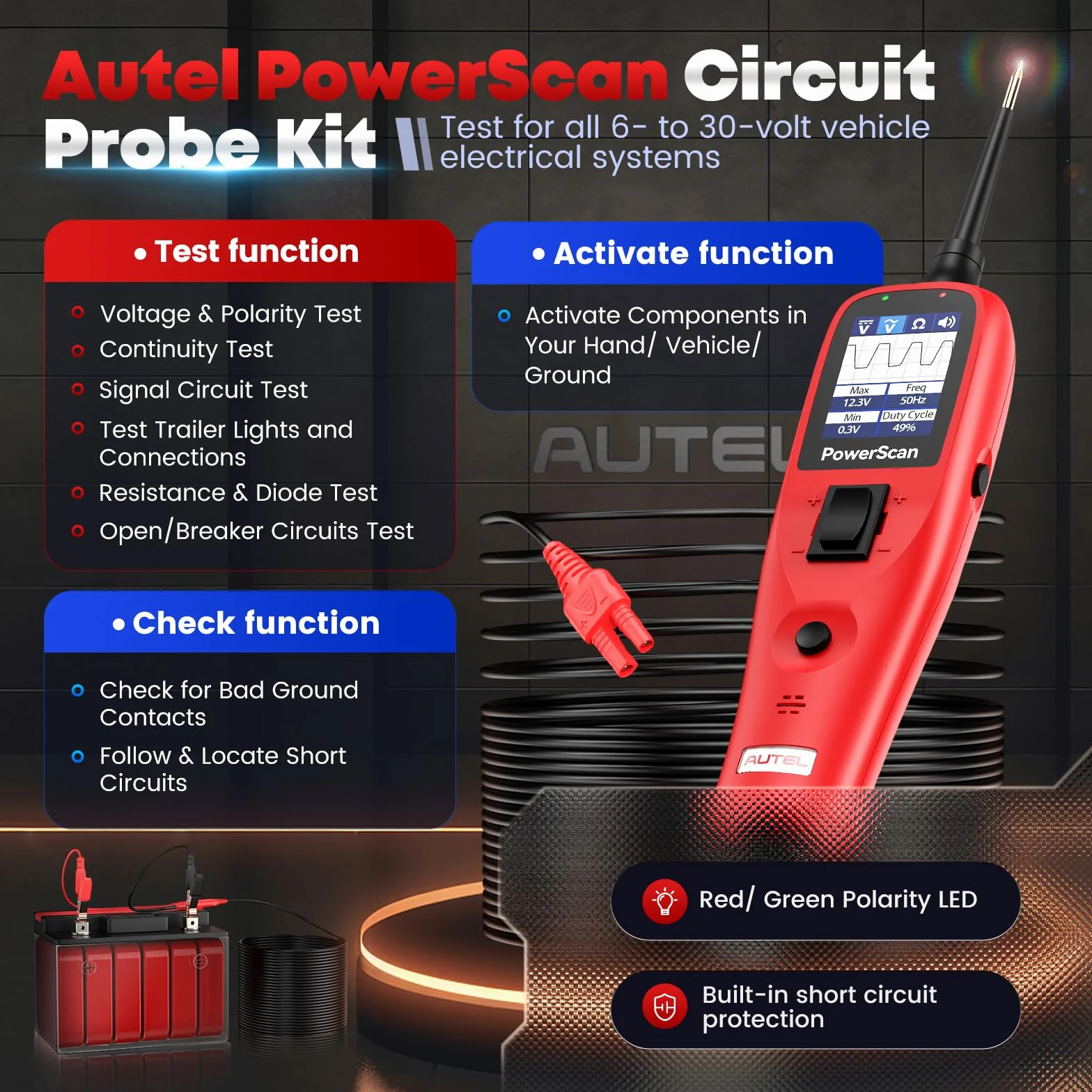 2026 Autel PowerScan PS100 Probador Circuito Auto, Herramienta Sonda Circuito Eléctrico, Detector Cortocircuito Disyuntore Abierto 12-24V, Resistencia Corriente CA/CC, Cable Extensión 6M para 99% Auto