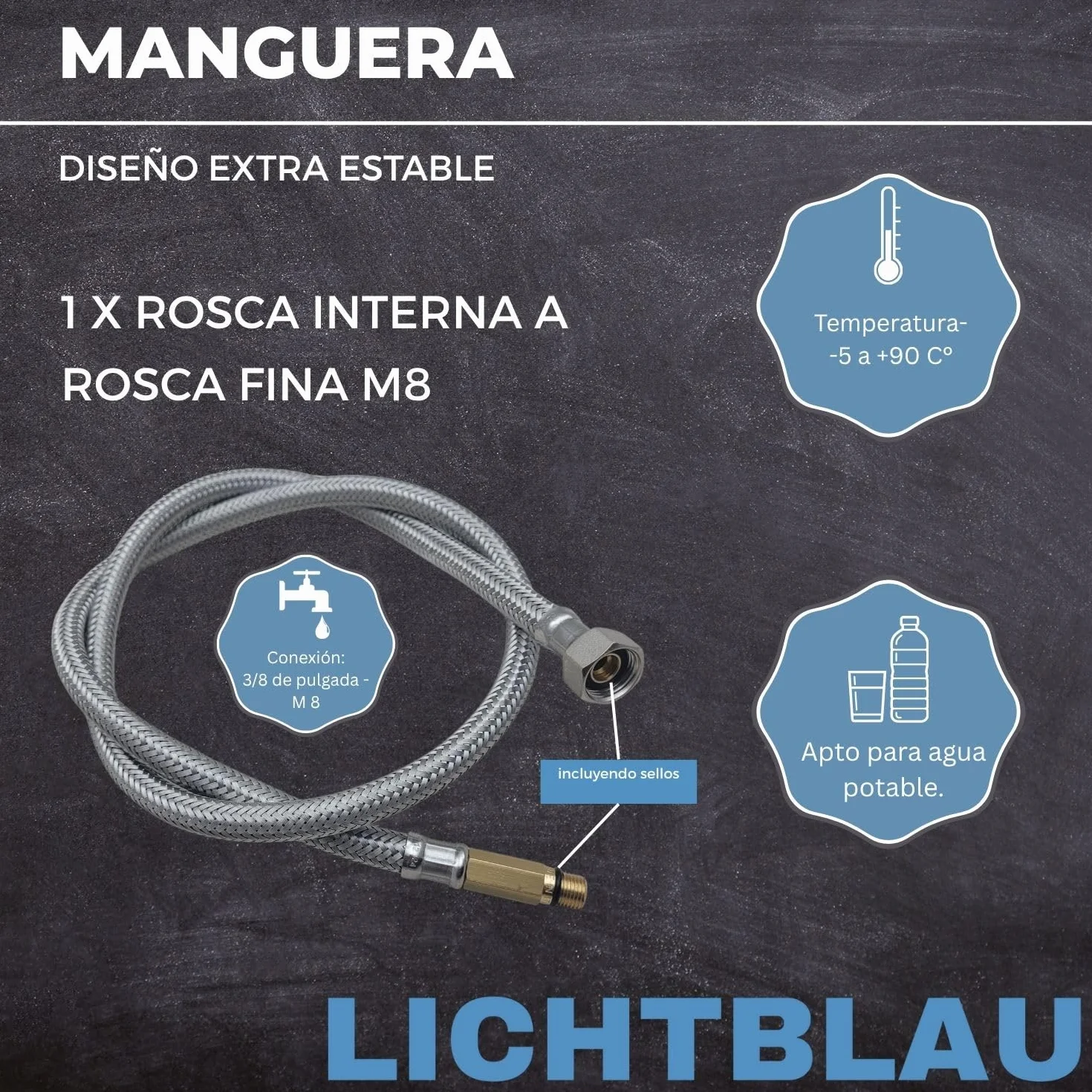 LICHTBLAU Manguera de acero inoxidable resistente a dobleces, 60 cm, 3/8 pulgadas a M8 de largo, adecuada para agua potable, válvula angular, manguera blindada, grifo de cocina | Manguera flexible de acero inoxidable para agua potable, resistente a doblec