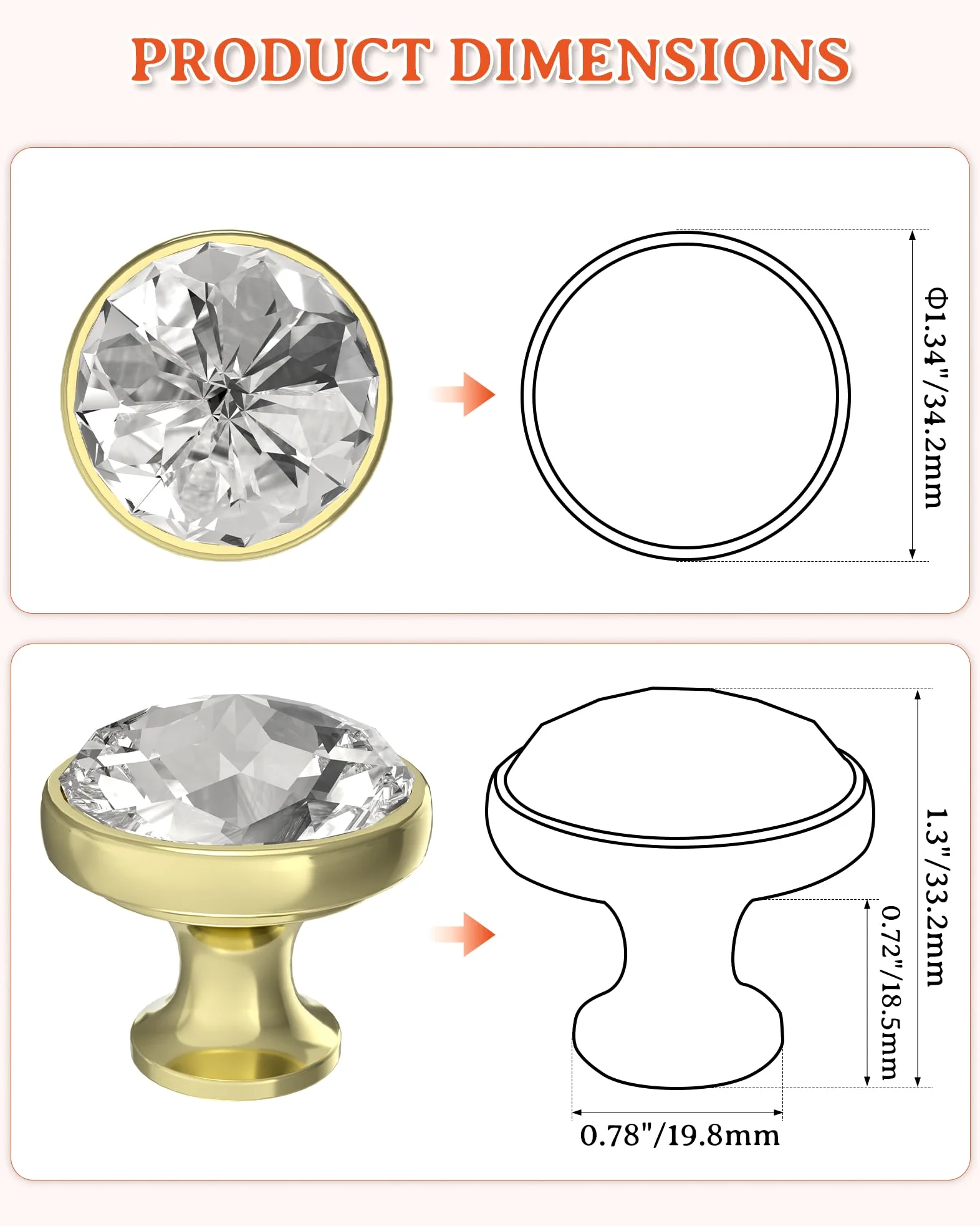 FURNIWARE - 10 piezas de pomos de gabinete de cristal con 2 tamaños de tornillos, tiradores de cajón de 34,2 mm, elegante oro diamante, orificio único transparente para armarios de cocina, cómoda