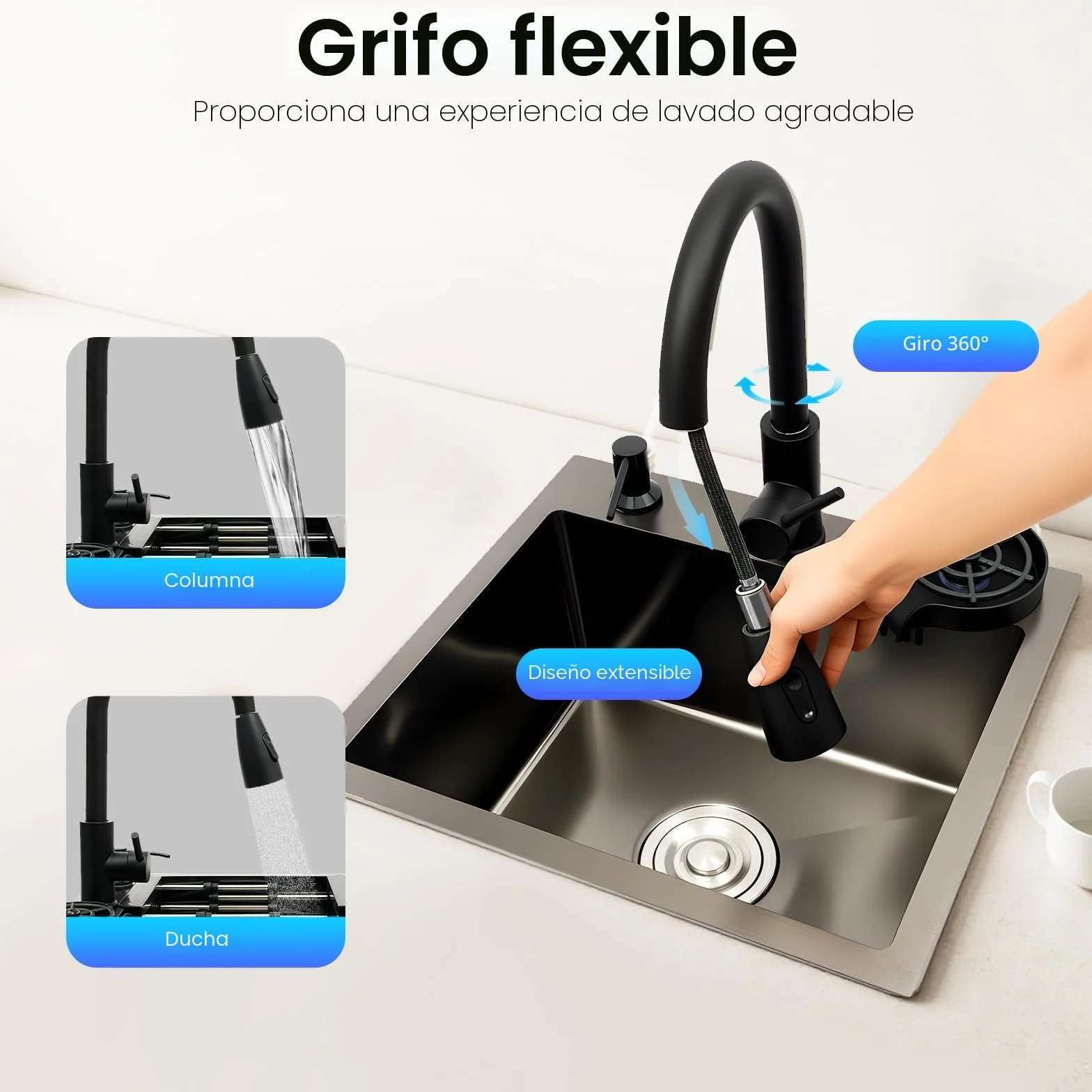 Fregadero de acero inoxidable de 45 x 40 cm, color negro, con grifo extraíble y lavavajillas para tazas, fregadero de cocina multifuncional, 1 lavabo, incluye tubo de drenaje, dispensador de jabón