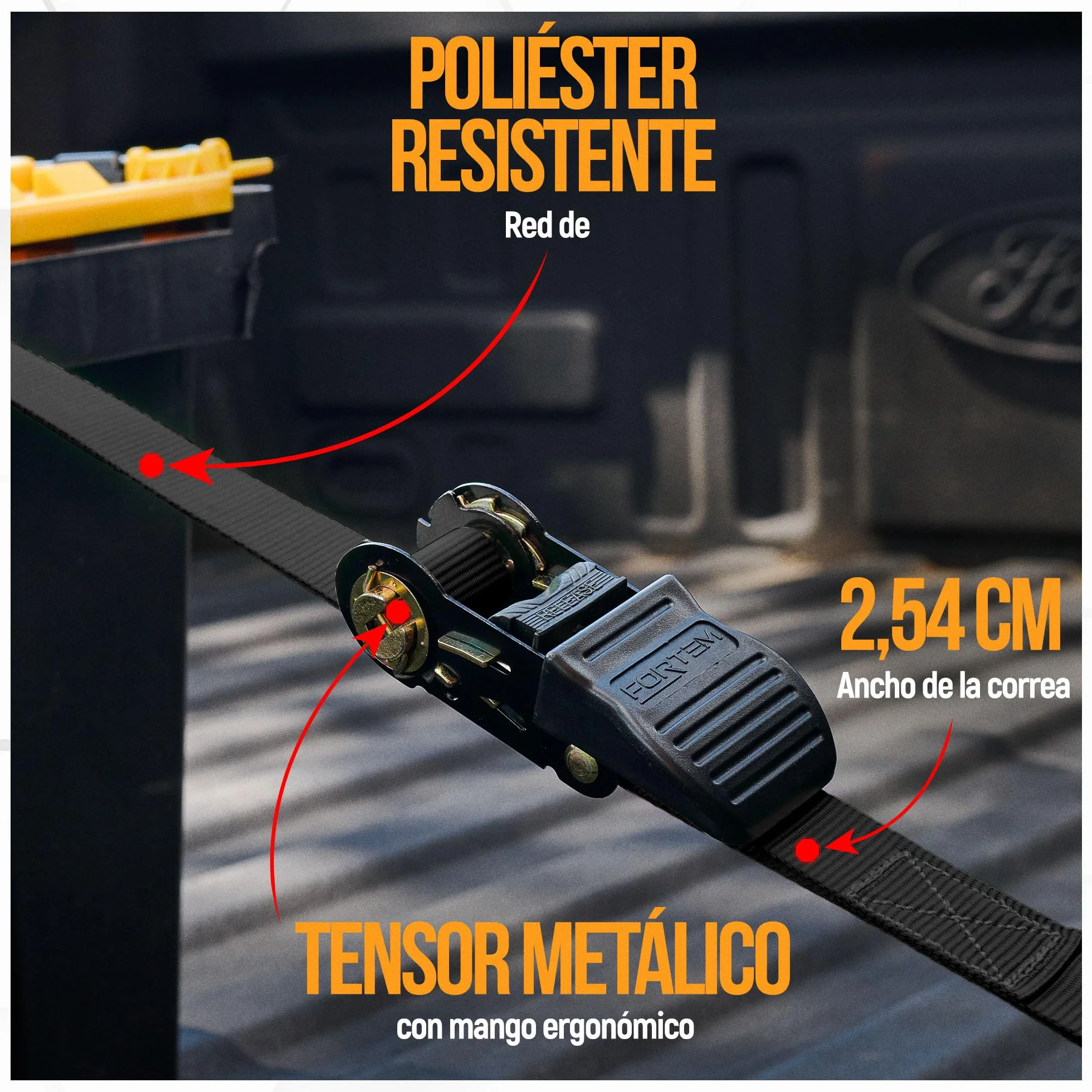 FORTEM Set de Correas de Amarre con Tensor de Trinquete, Resistencia 249 kg de Carga, 748 kg al Rompimiento, 4 Ganchos de Acero Plastificado, 4 Correas de 4.5m, 4 Hebillas (Negro)