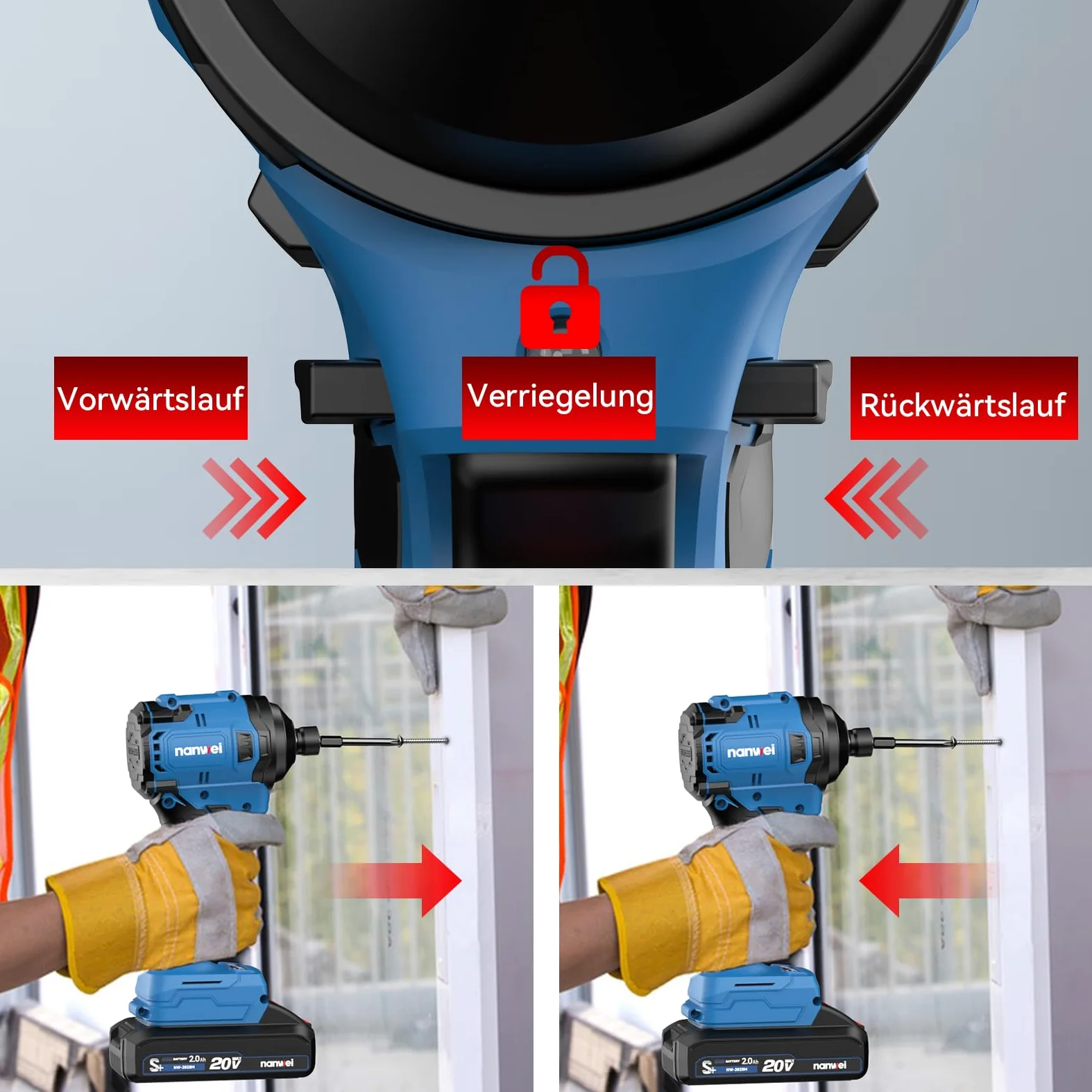 NANWEI Atornillador de impacto con batería de 1/4 pulgadas, 240 Nm, rotación inversa con modo de parada automática, 4 marchas, atornillador de impacto sin escobillas, destornillador de impacto sin