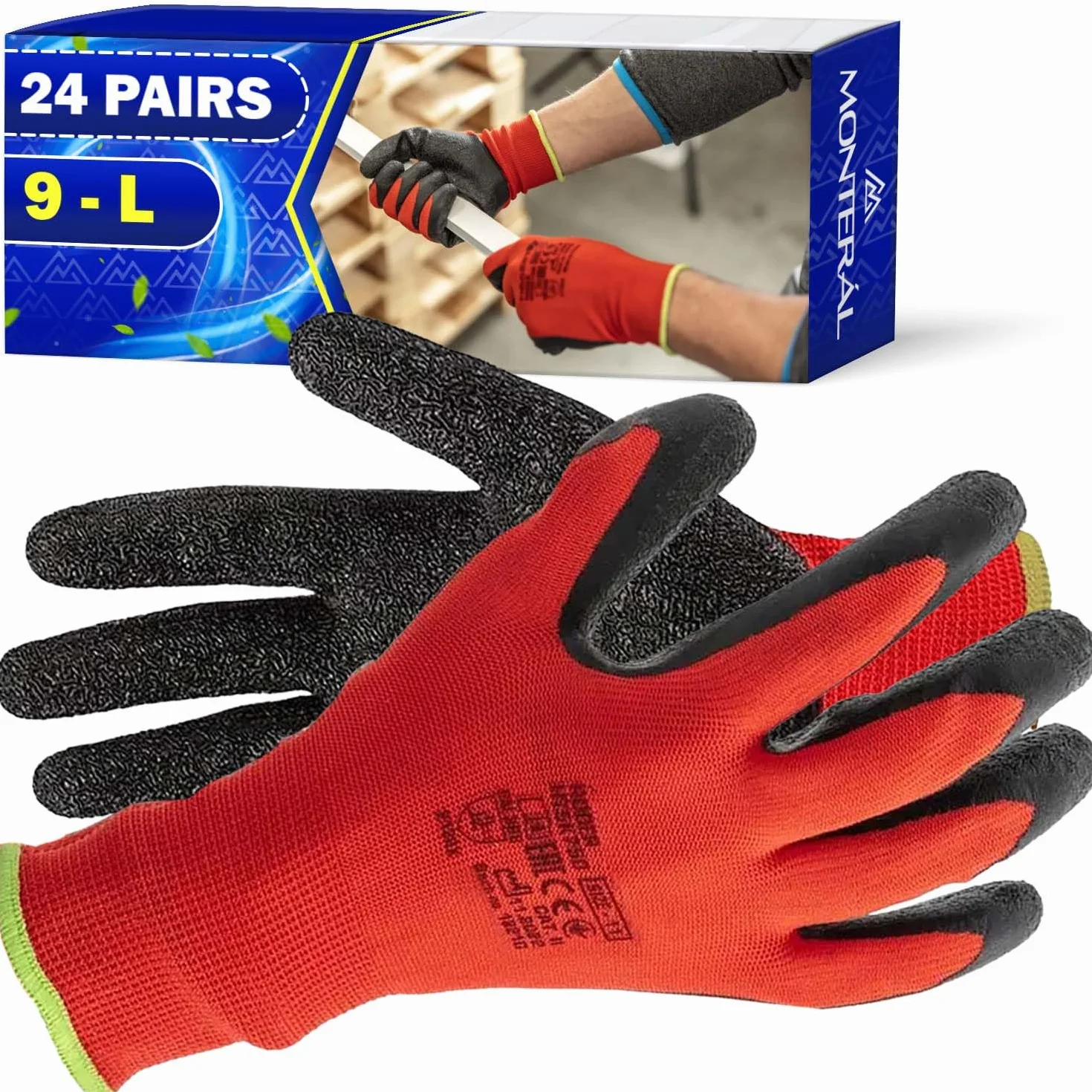 MONTERAL 24 Pares Guantes de Trabajo Talla 9 L Protección Cat II Recubiertos de Látex Anti-Slip - Guantes Trabajo Hombre y Mujer Pueden Usarse para Obra Taller Mecanico Jardineria Montaje