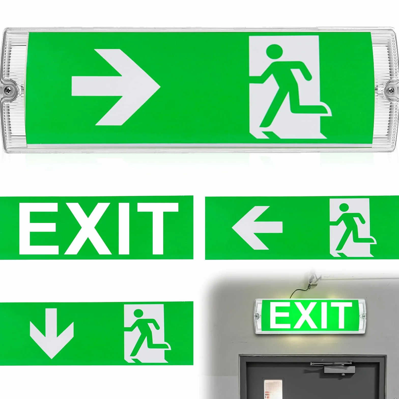 Vaileal Iluminación LED de Emergencia: Luz Constante y Señal de Salida de Emergencia, Incluye 4 Pictogramas de Salida, Para Interiores (35x11x5.5 cm)