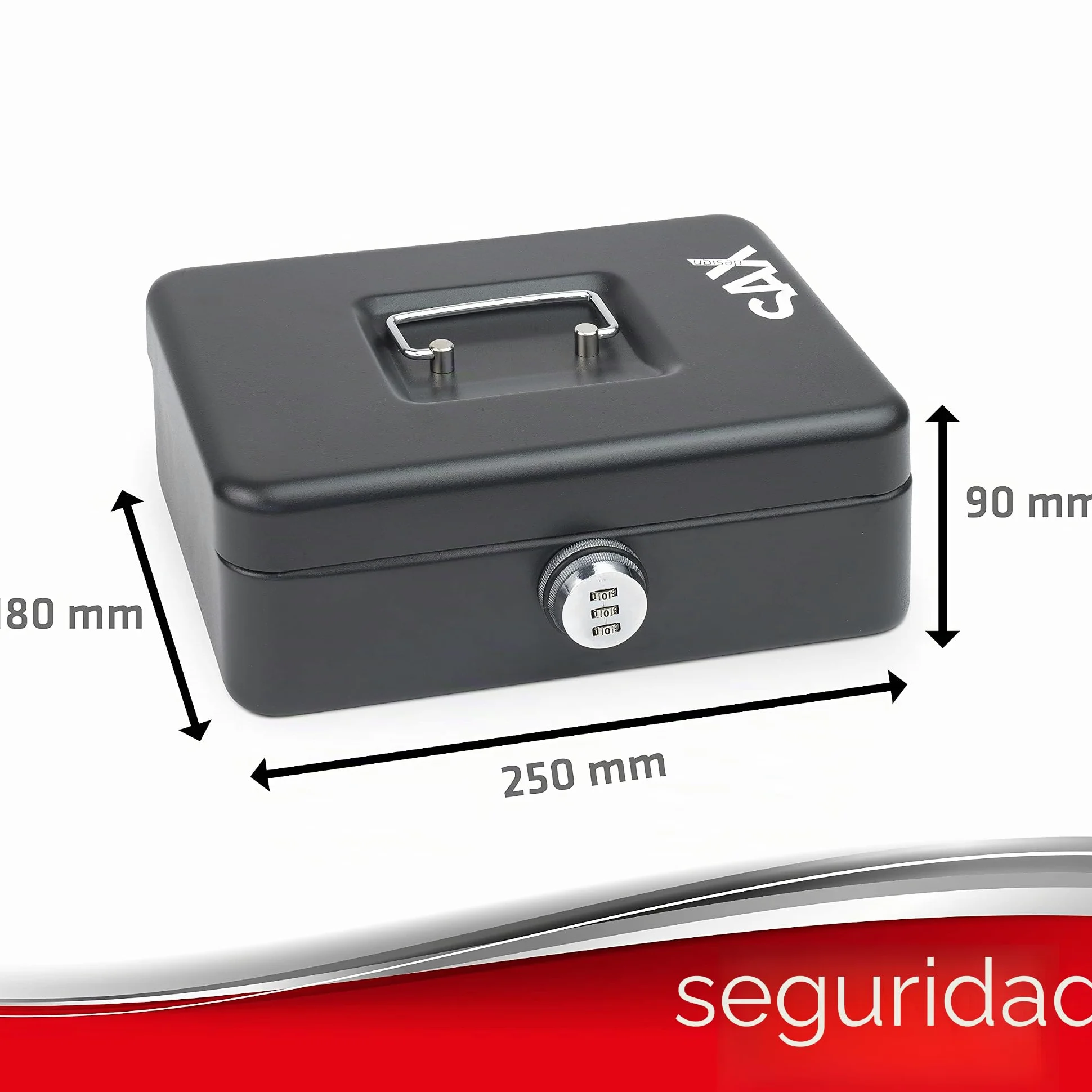 Caja de caudales Sax con cerradura de combinación, cerradura extra fuerte, 25 x 18 x 9cm, Grande, Caja de caudales de seguridad negra
