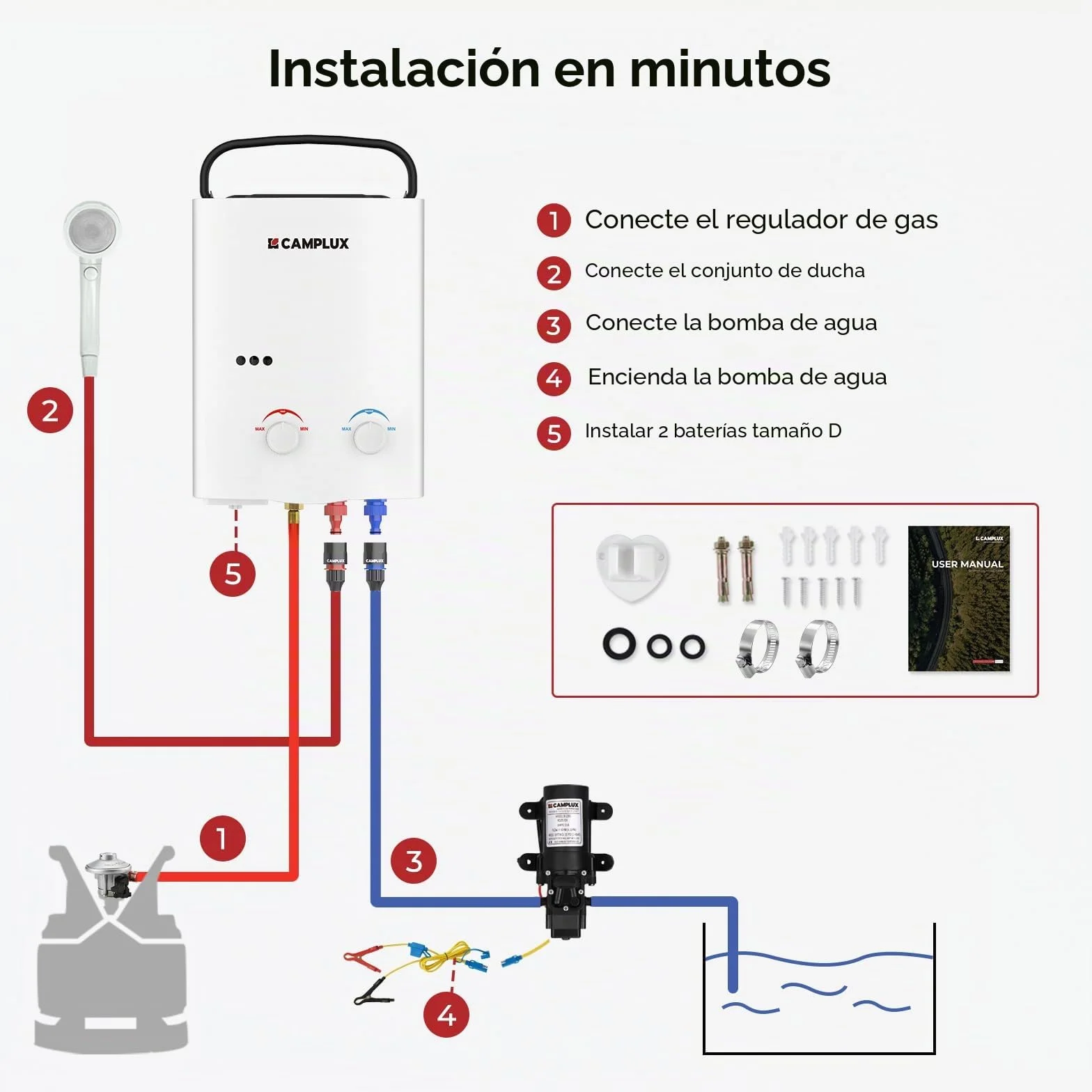 Camplux AY132P43 5L Calentador de Agua de Gas sin Tanque, Bomba de Agua 4.3L para Viaje RV Campamento