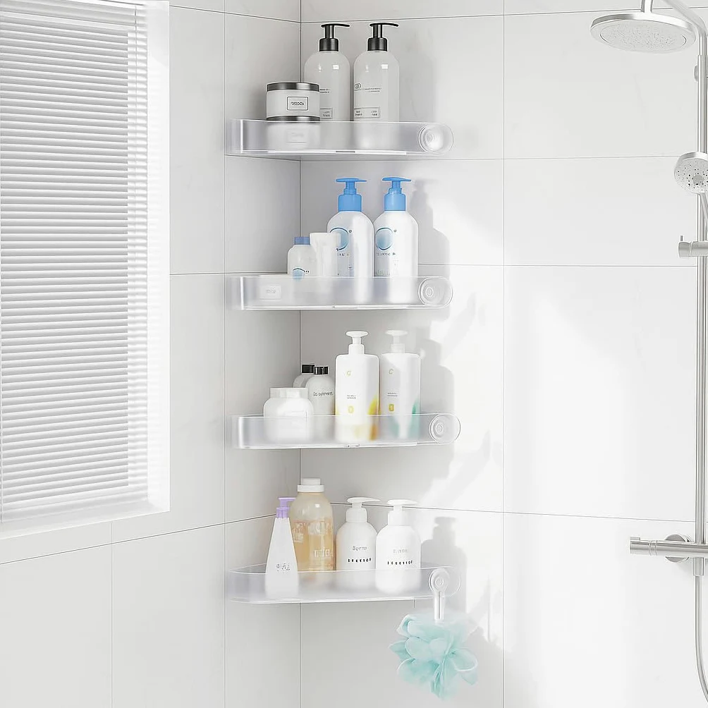 Sotfamily 4 Piezas Estanteria Ducha Sin Taladro, Estante Baño de Esquina Cesta, Plastico Extraíbles Estanterias, Estante Ducha con 6 Ganchos autoadhesivos, Estanteria Baño Autoadhesivos, Helado Claro